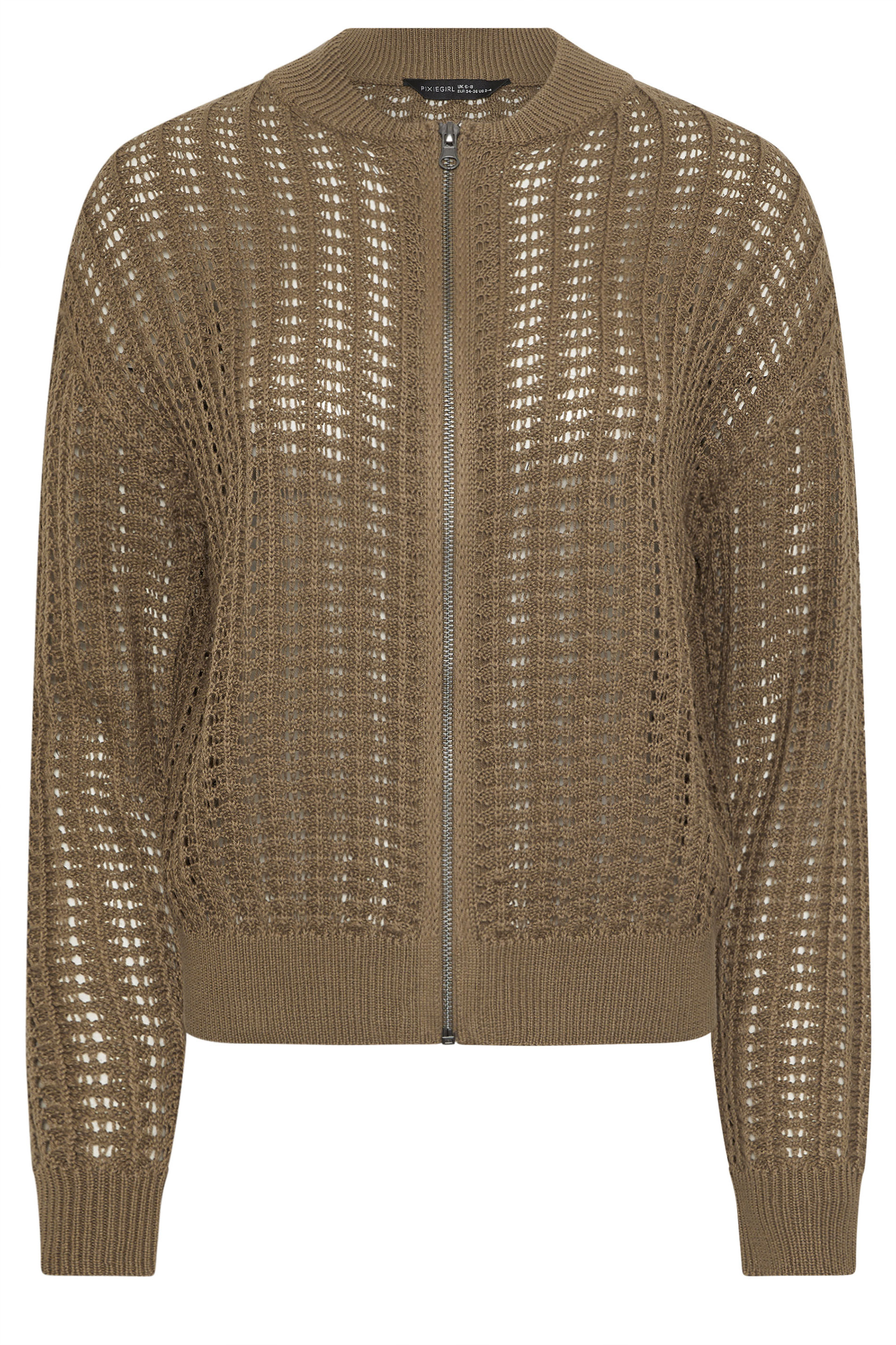 PixieGirl Petite Women's Chocolate Brown Crochet Bomber Cardigan