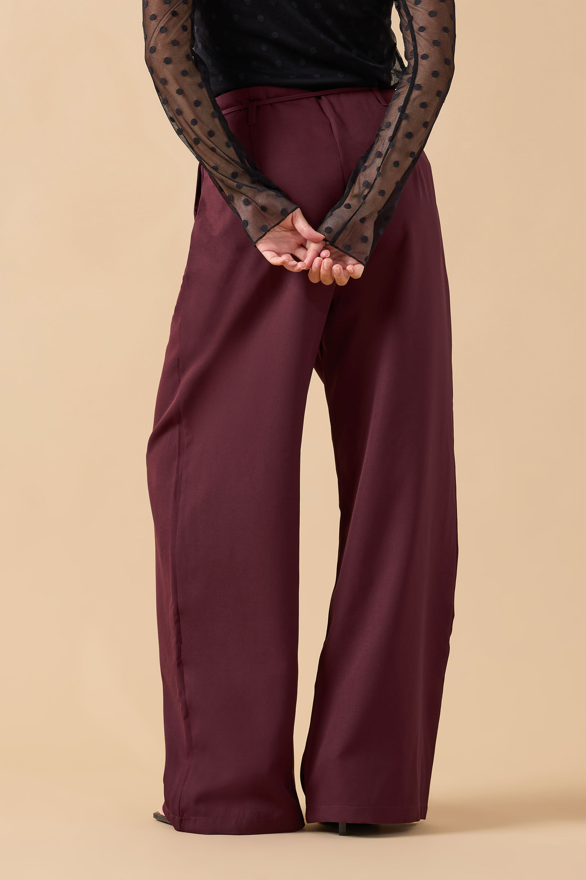 PixieGirl Petite Womens Burgundy Red Tie Wide Leg Trousers | PixieGirl 3