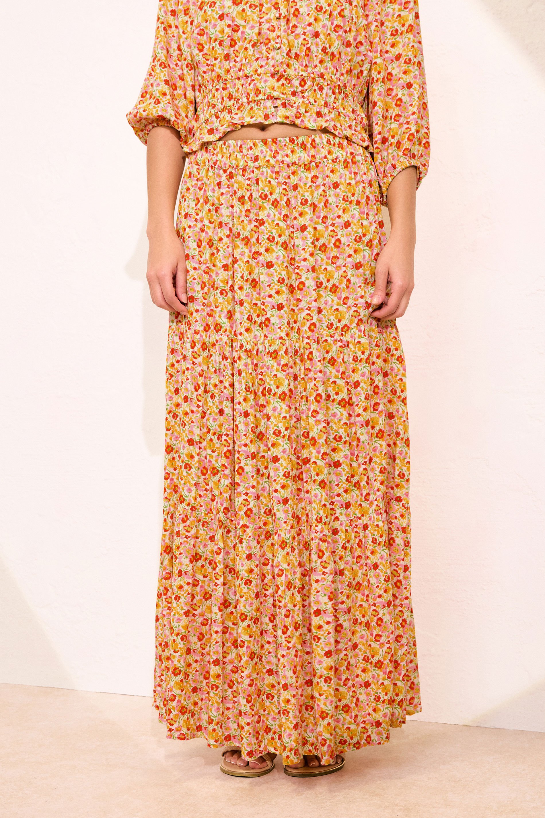 PixieGirl Petite Women's Orange Ditsy Floral Tiered Maxi Skirt | PixieGirl 2
