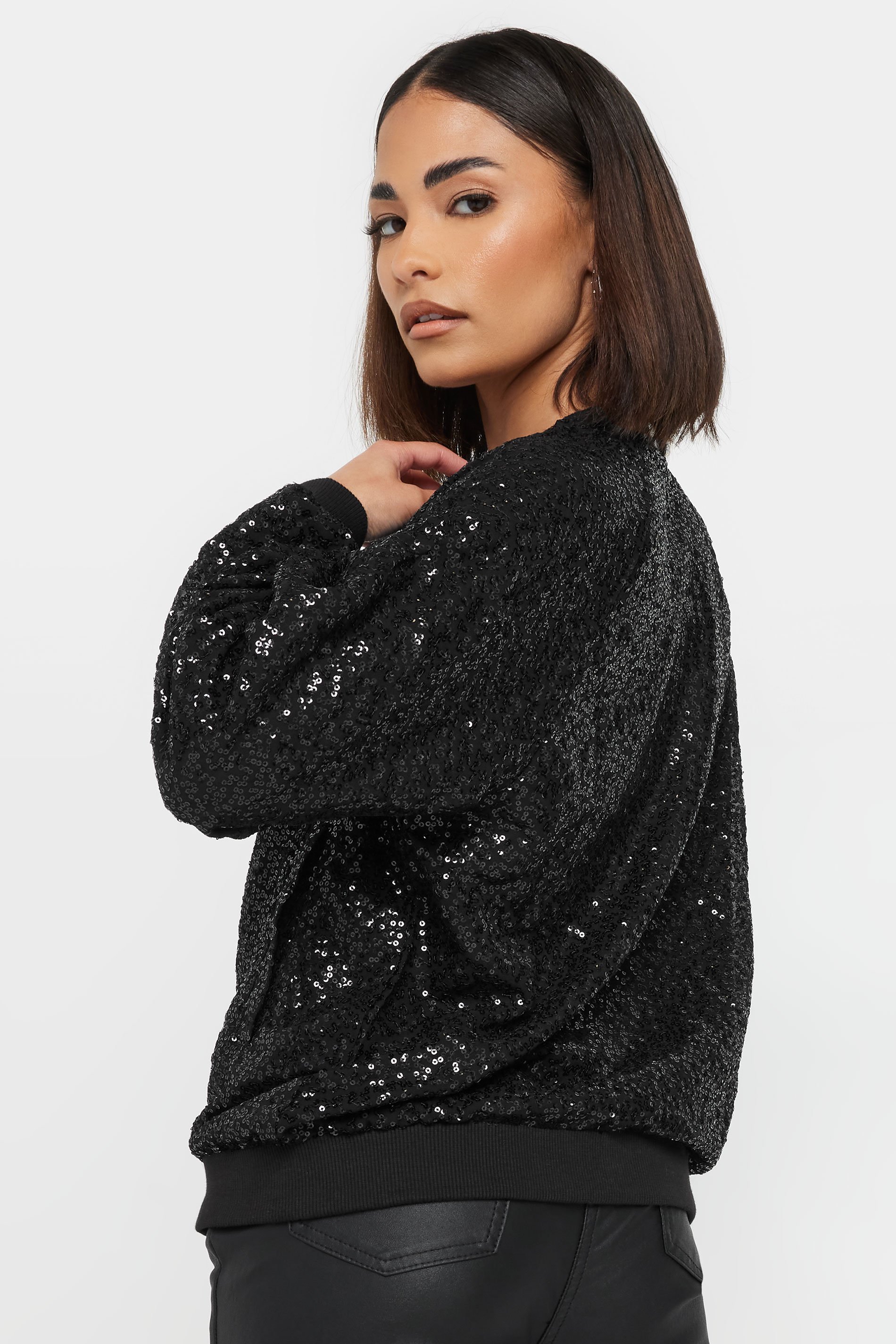 PixieGirl Petite Women's Black Sequin Bomber Jacket | PixieGirl 4