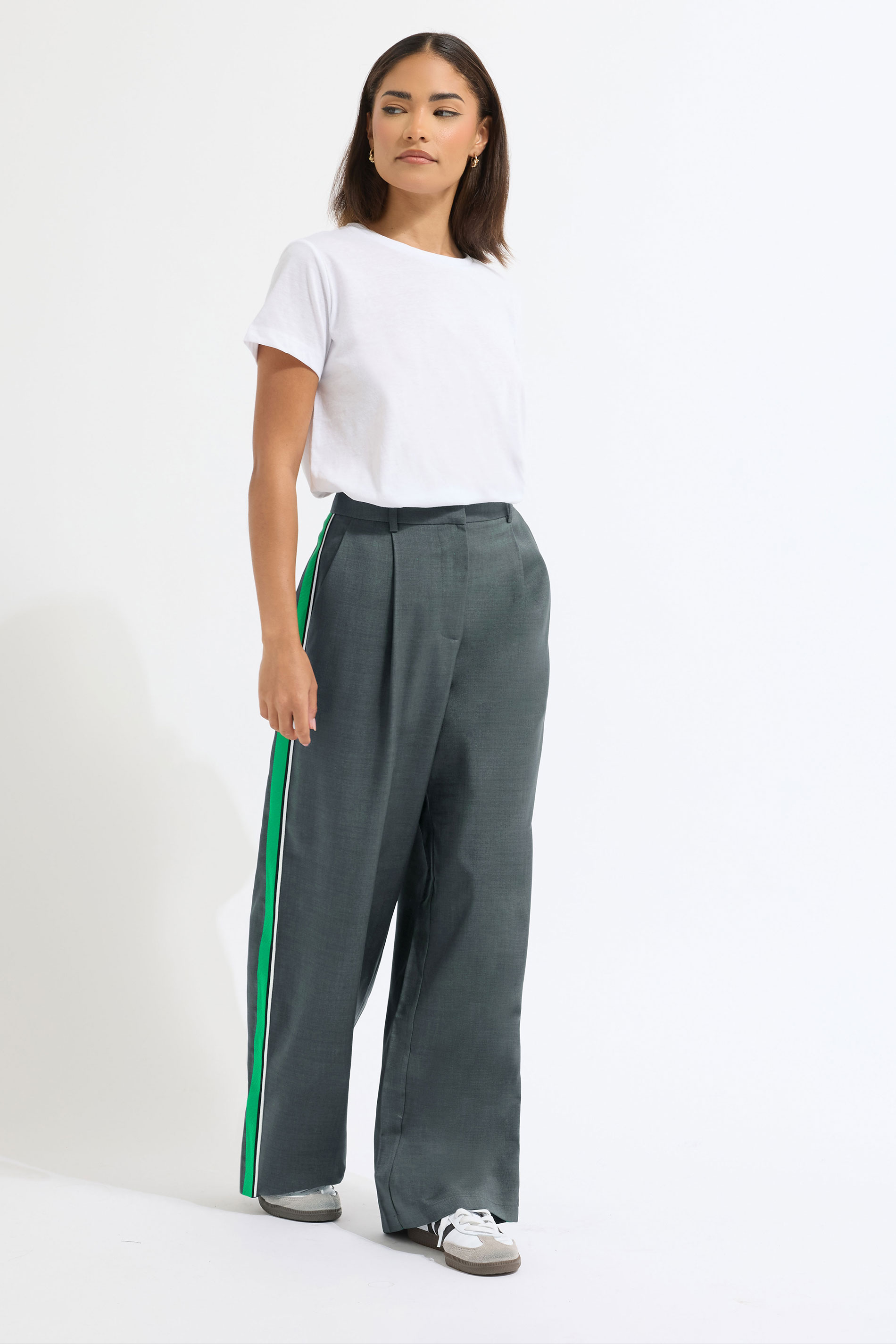 PixieGirl Petite Women's Grey & Green Striped Formal Trousers | PixieGirl 1