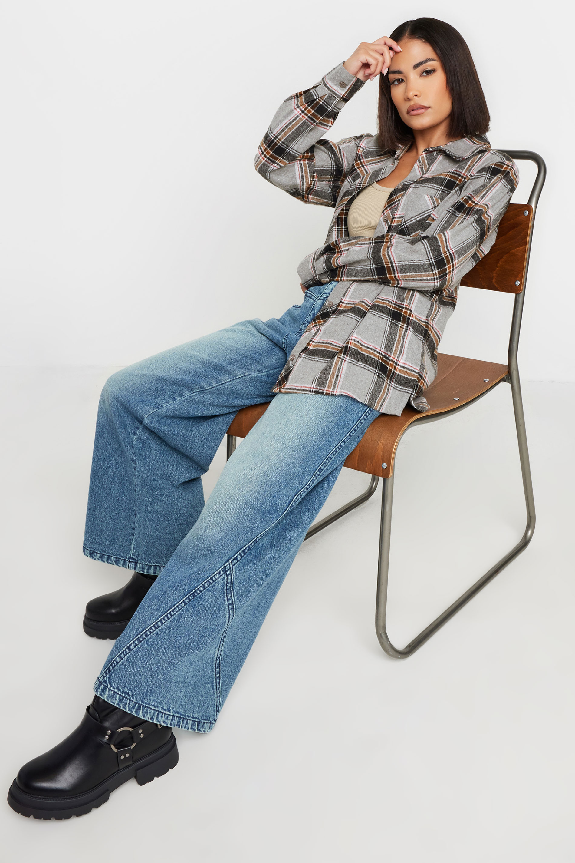 PixieGirl Grey & Orange Check Print Brushed Boyfriend Shirt | PixieGirl 3