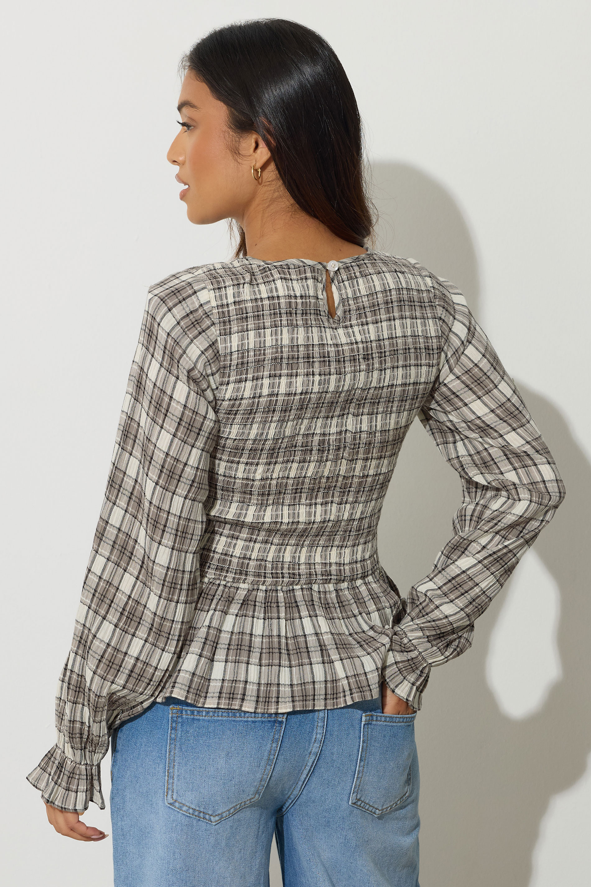 PixieGirl Petite Women's Brown Check Shirred Long Sleeve Top | PixieGirl 5
