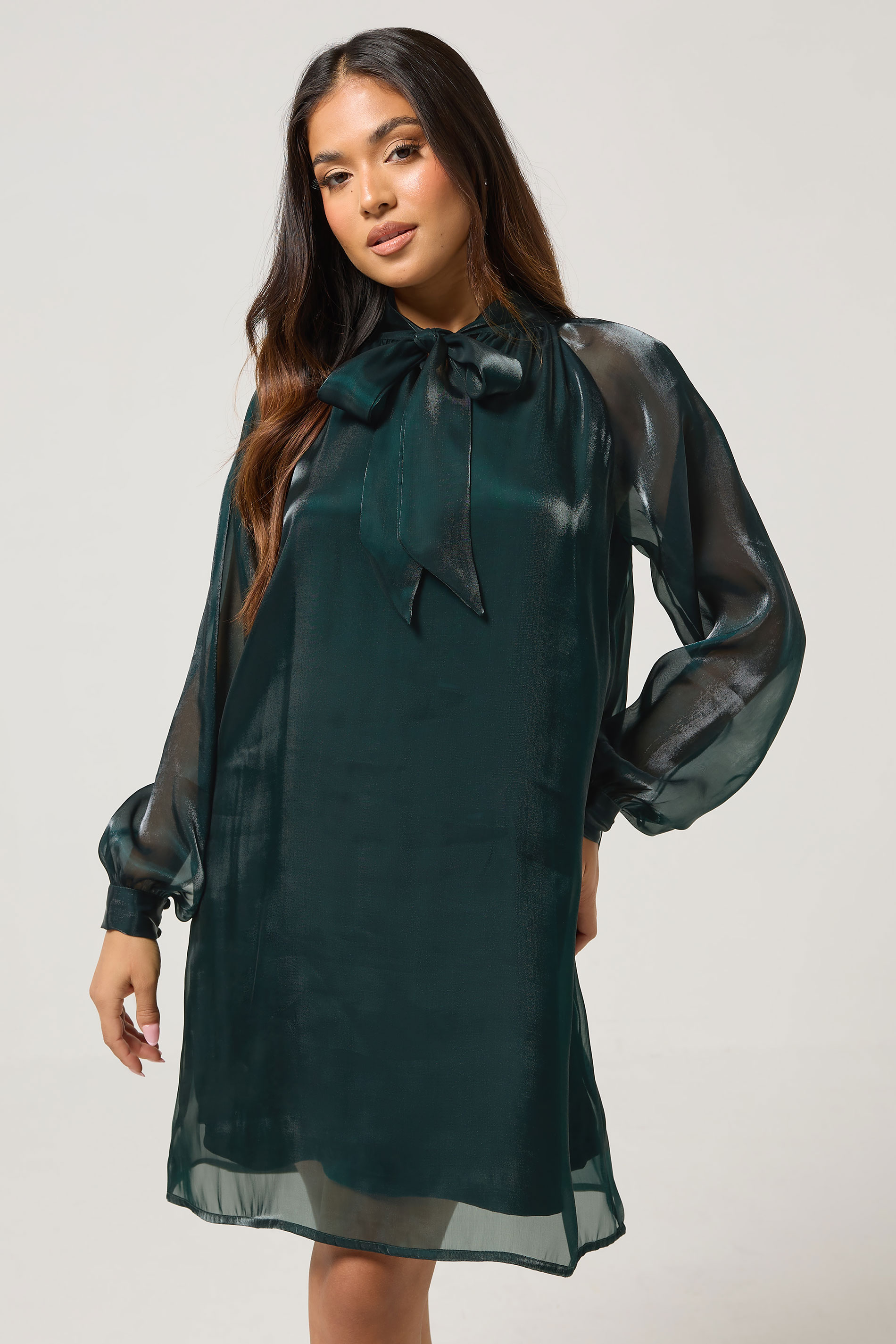 PixieGirl Petite Women's Dark Green Organza Tie Neck Dress | PixieGirl 2