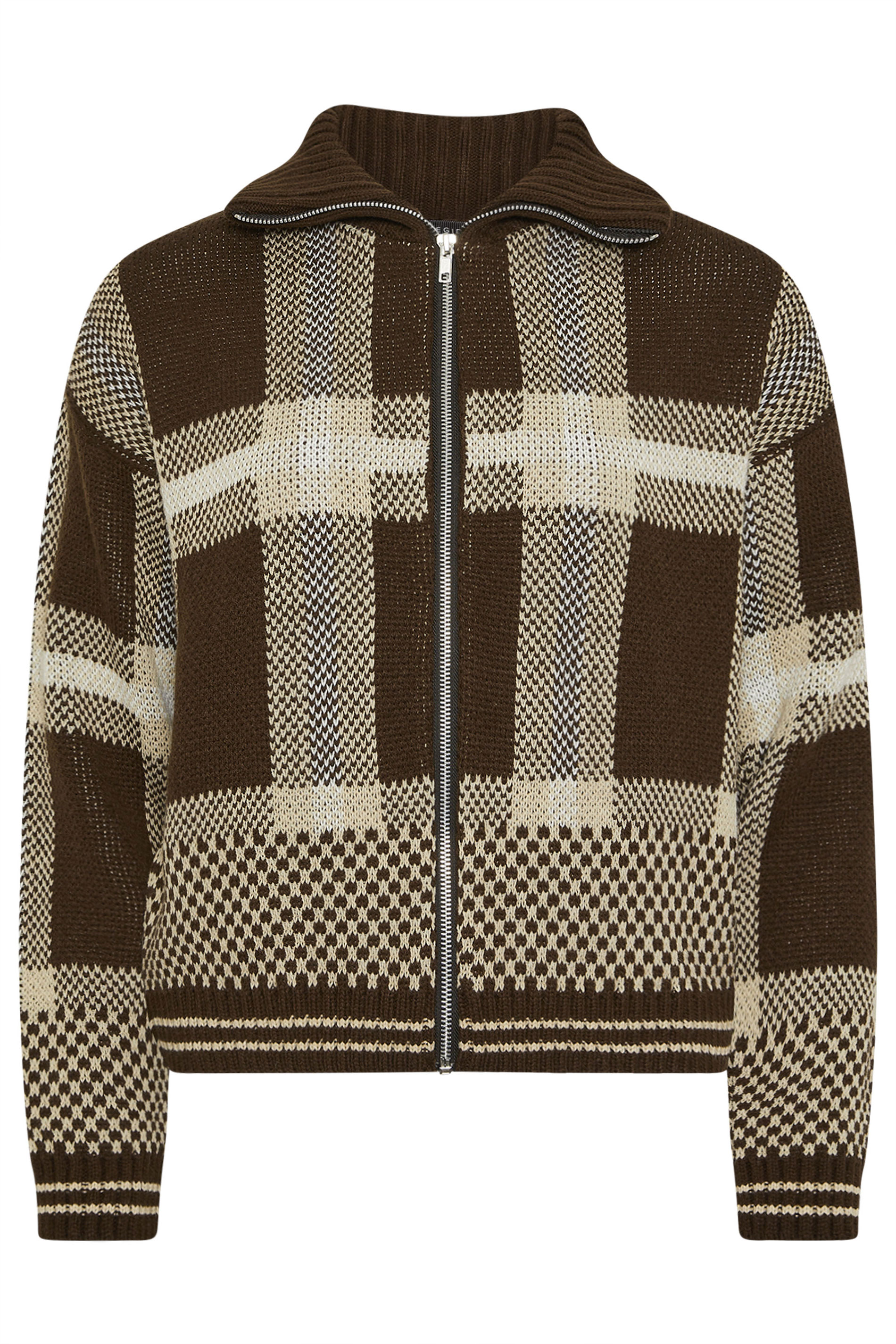 PixieGirl Petite Women's Chocolate Brown Knitted Check Zip Cardigan | PixieGirl 5
