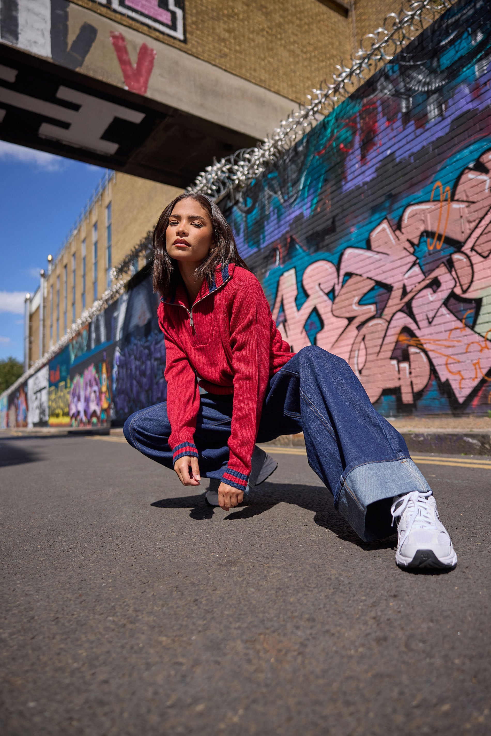 PixieGirl Petite Women's Red Knitted Stripe Quarter Zip Jumper | PixieGirl 1