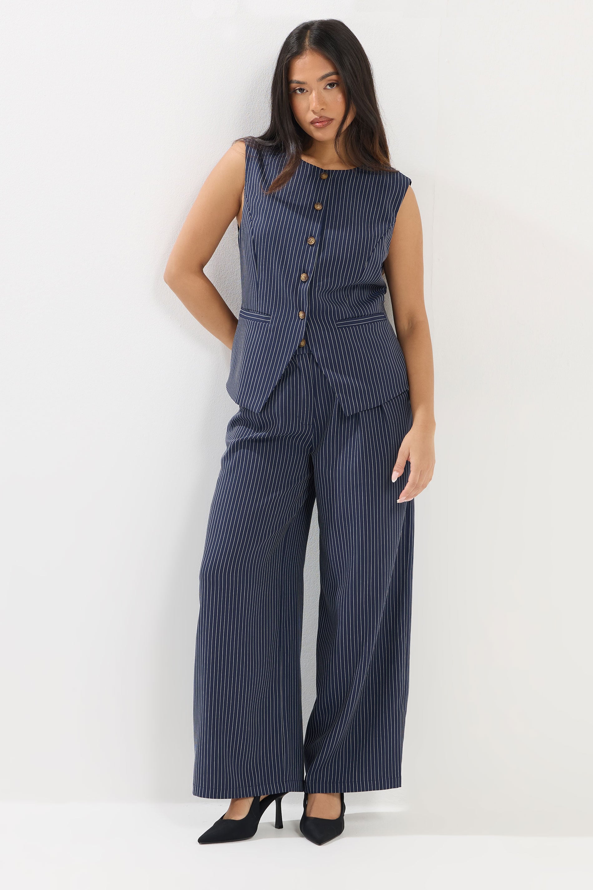 PixieGirl Petite Women's Navy Blue Pinstripe Wide Leg Trousers | PixieGirl 2