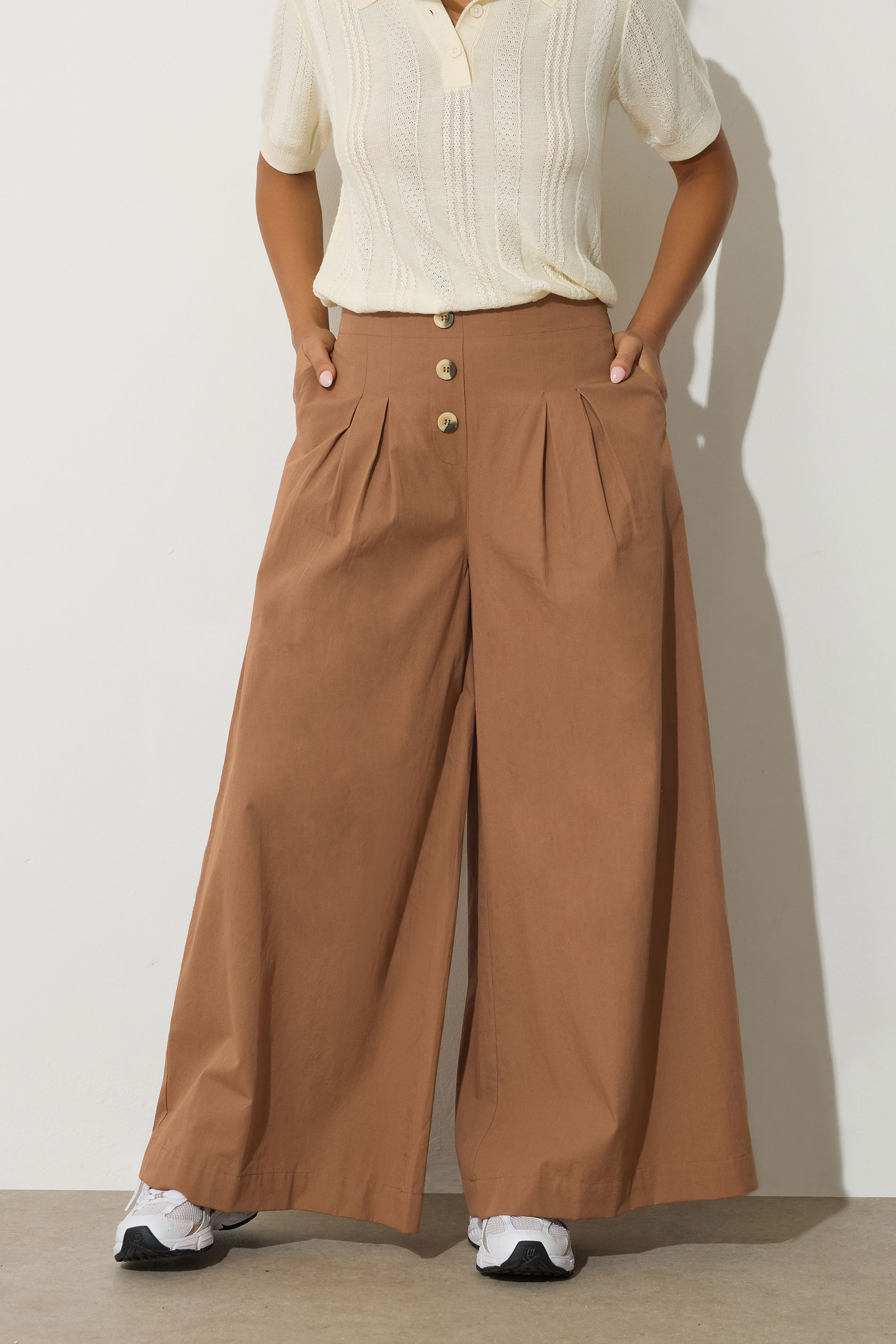 PixieGirl Petite Women's Beige Brown Button Wide Palazzo Trousers | PixieGirl 2