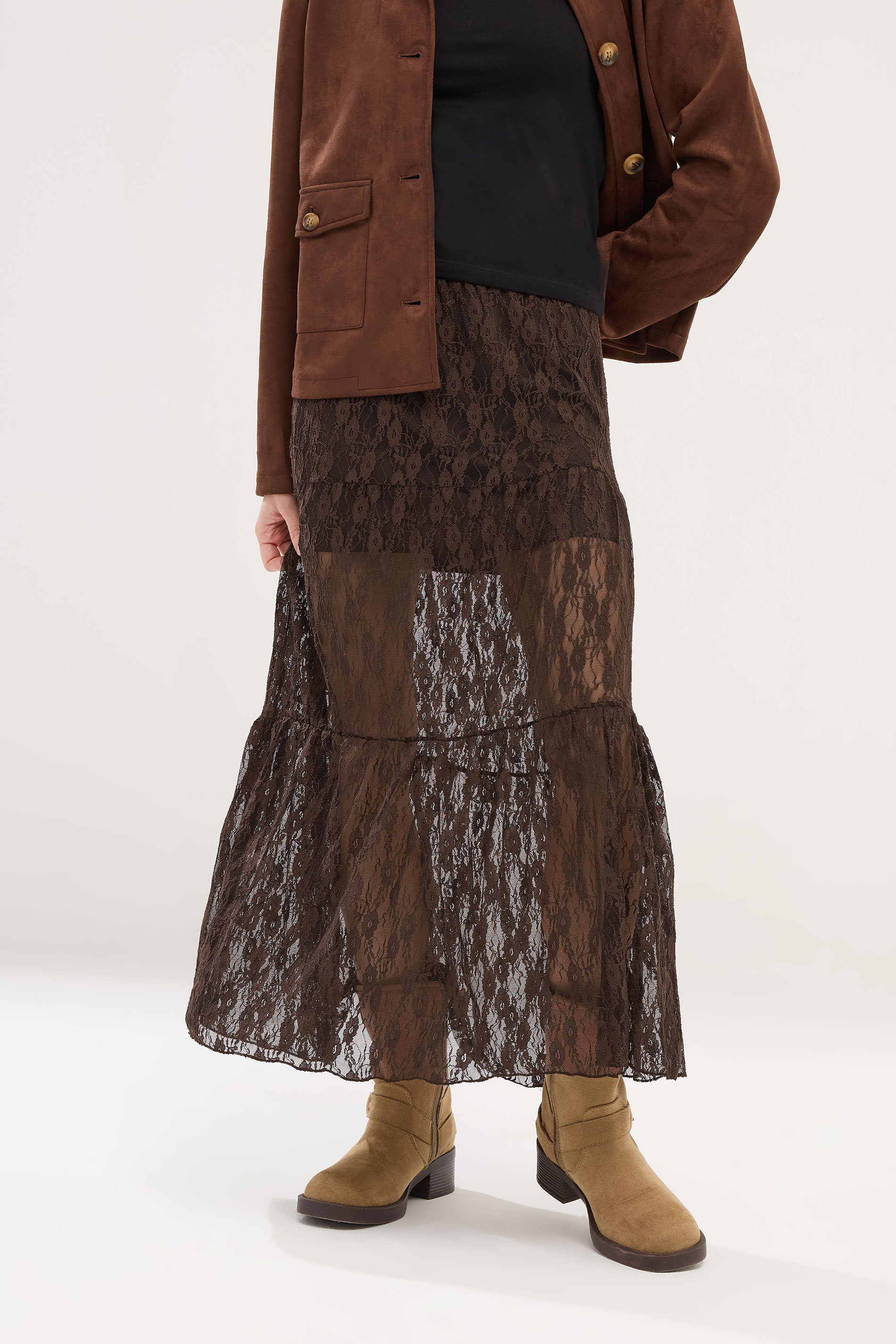 PixieGirl Petite Women's Chocolate Brown Lace Lined Maxi Skirt | PixieGirl 2