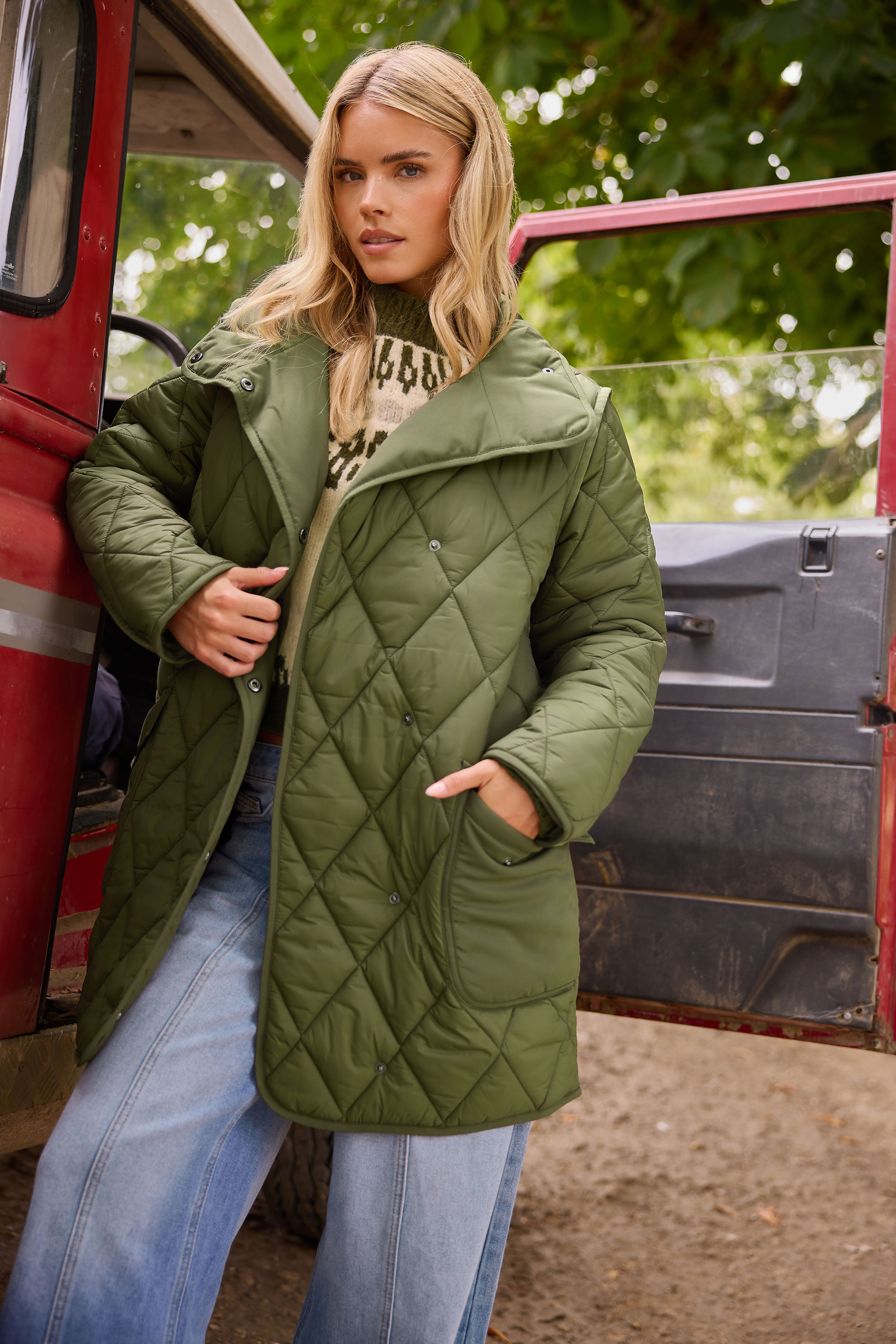 PixieGirl Petite Women's Khaki Green Funnel Neck Quilted Coat | PixieGirl 1