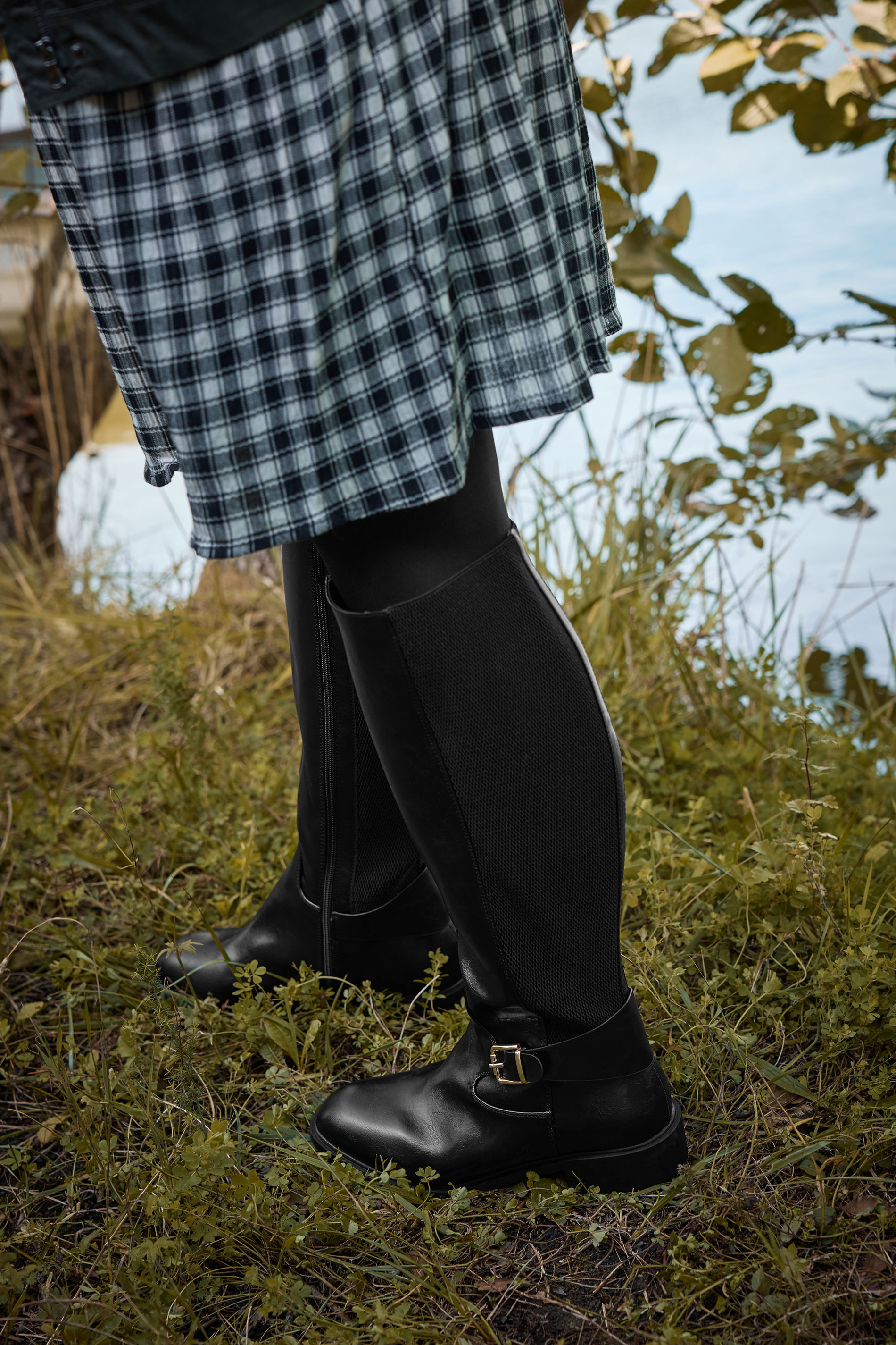 Black Buckle Stretch Knee High Boots In Extra Wide EEE Fit | Yours Clothing 1