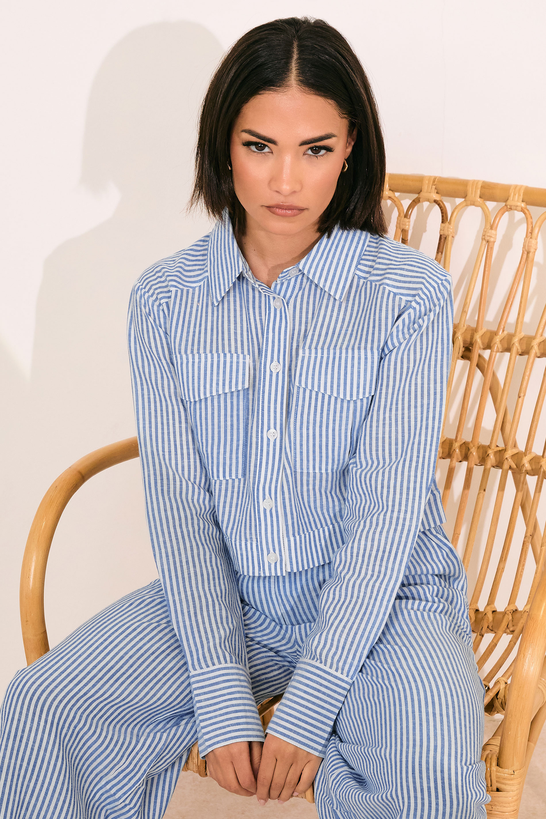 PixieGirl Petite Women's Blue Linen Striped Pocket Shirt | PixieGirl 1