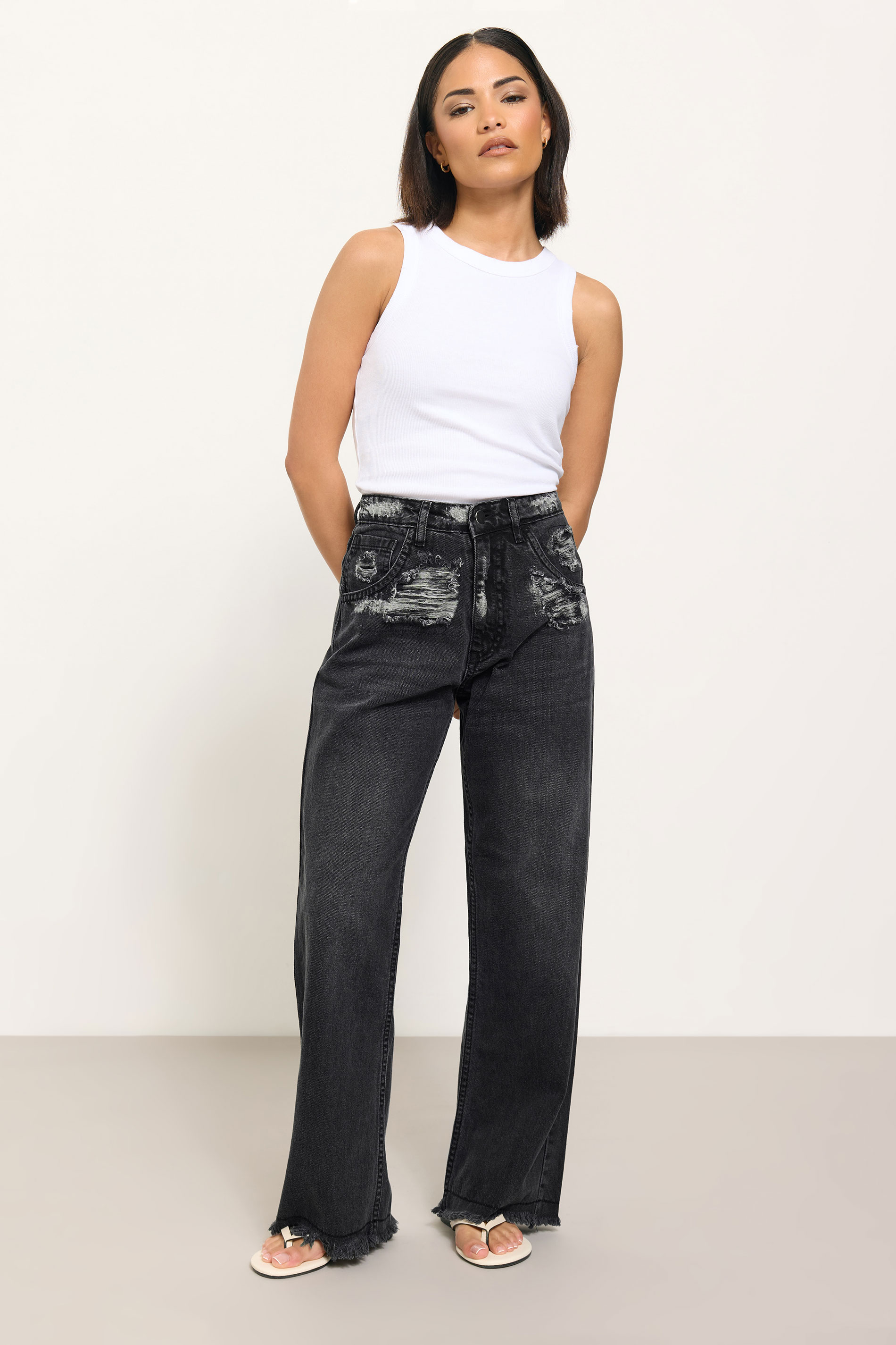 PixieGirl Petite Women's Black Distressed Straight Leg Jeans | PixieGirl 1