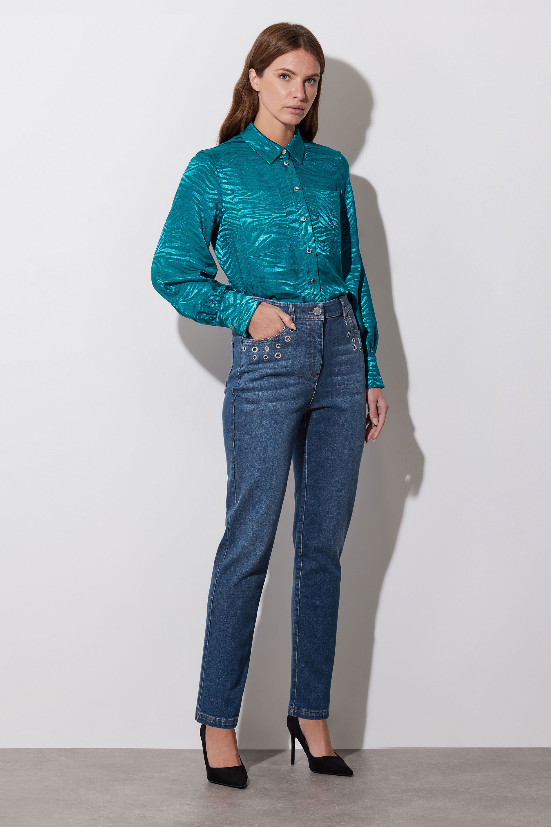STAR Teal Blue Animal Print Satin Jacquard Shirt | StarByJM 5