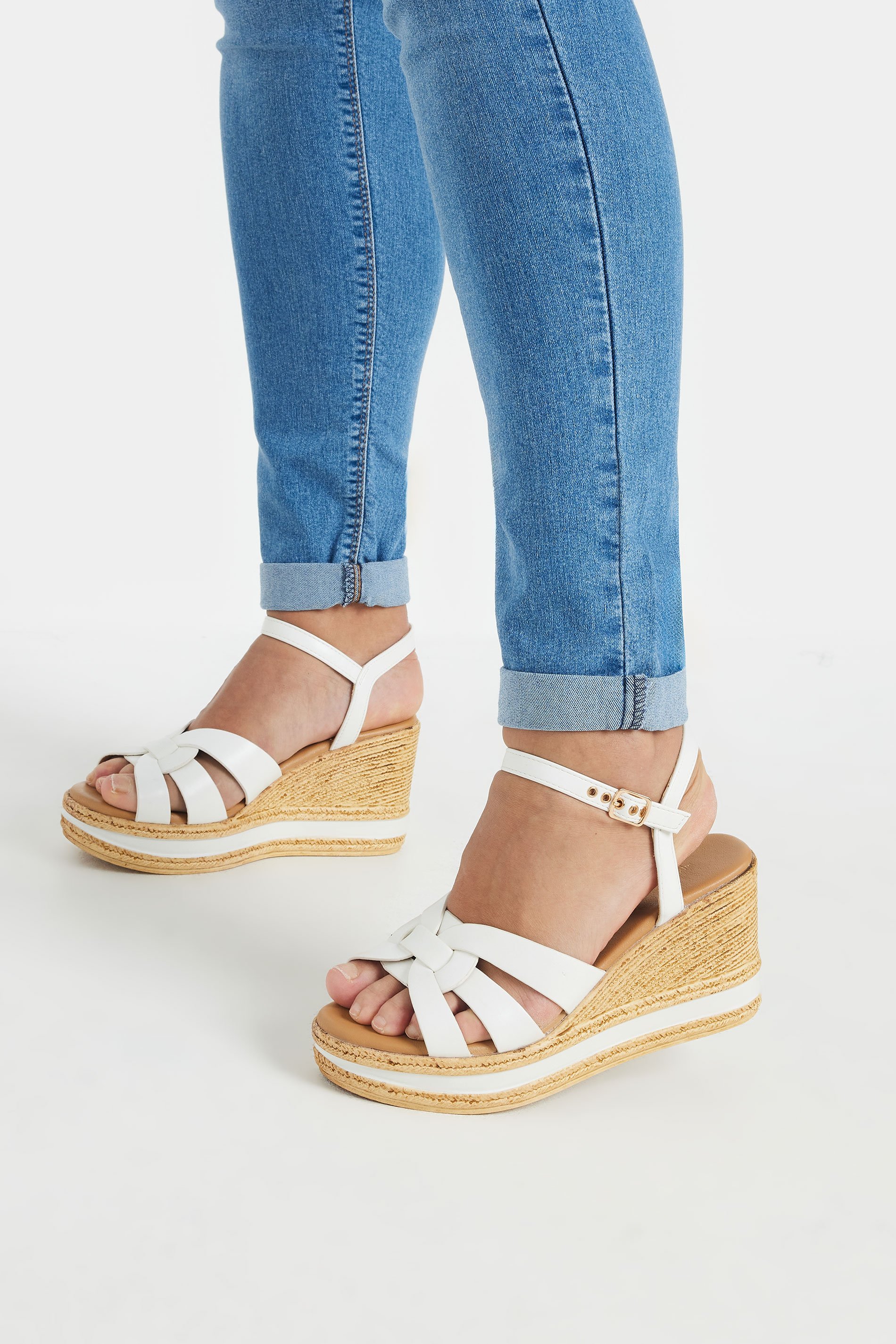 White Faux Leather Wedge Sandals In Extra Wide Fit | Yours Clothing 1