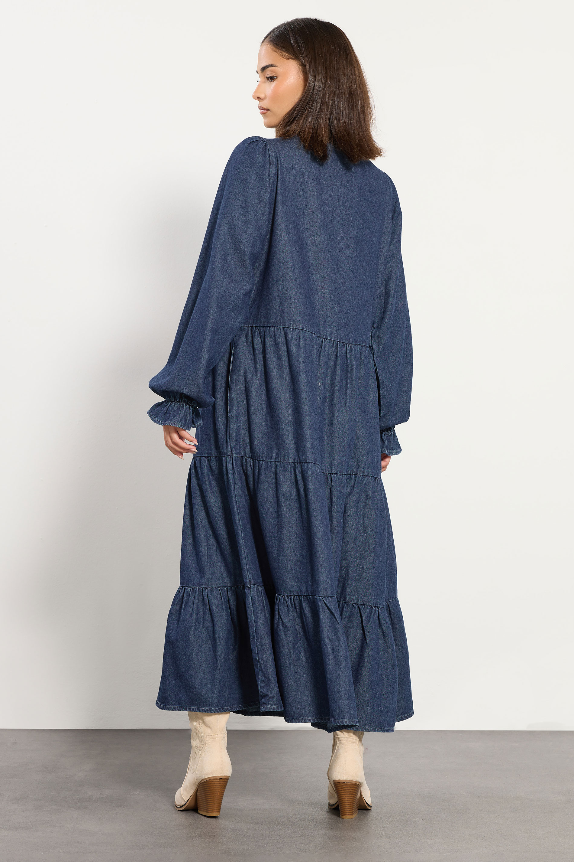 PixieGirl Petite Women's Dark Blue Tie Neck Tiered Dress | PixieGirl 4