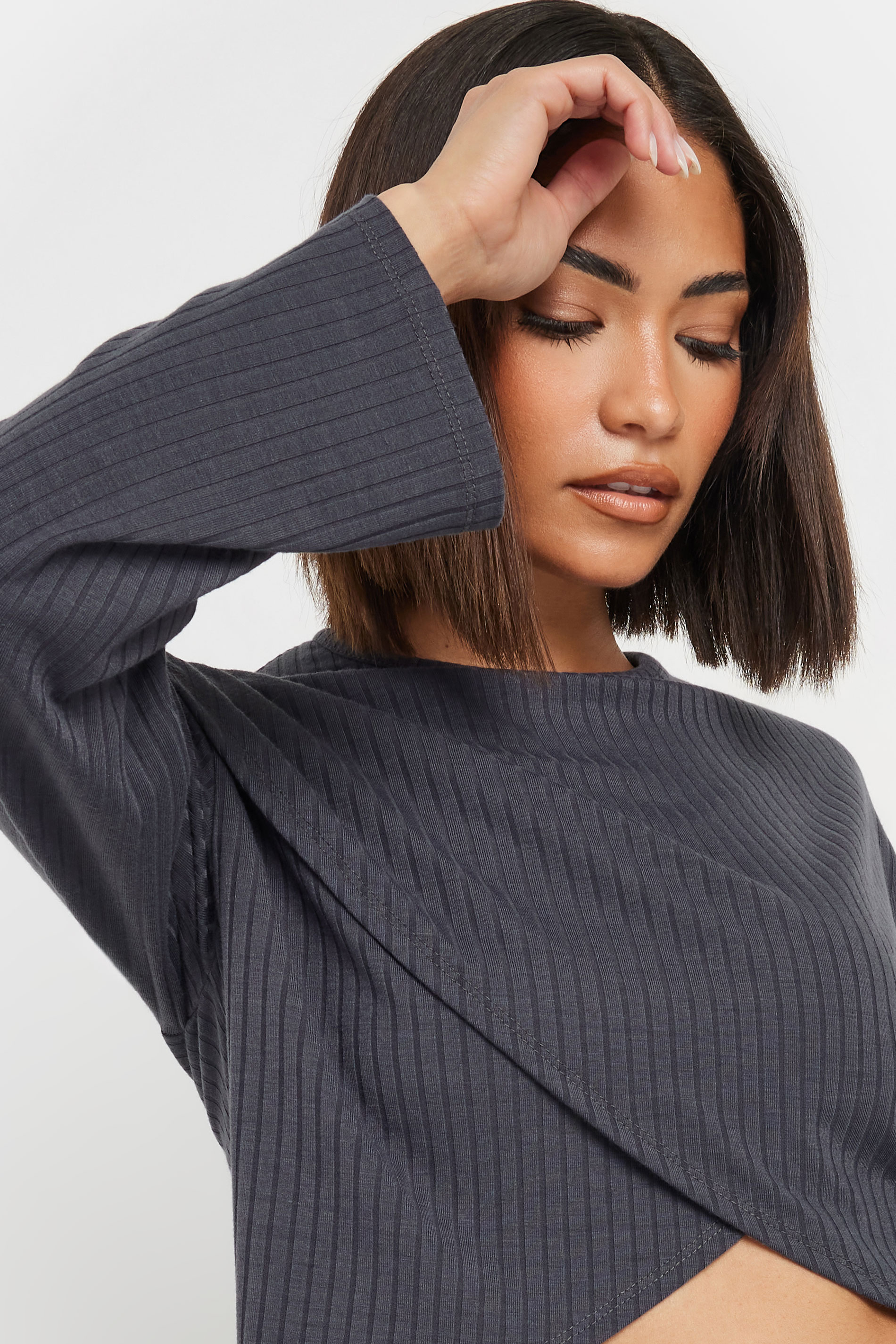PixieGirl Petite Women's Grey Cross Over Long Sleeve Ribbed Top | PixieGirl 4