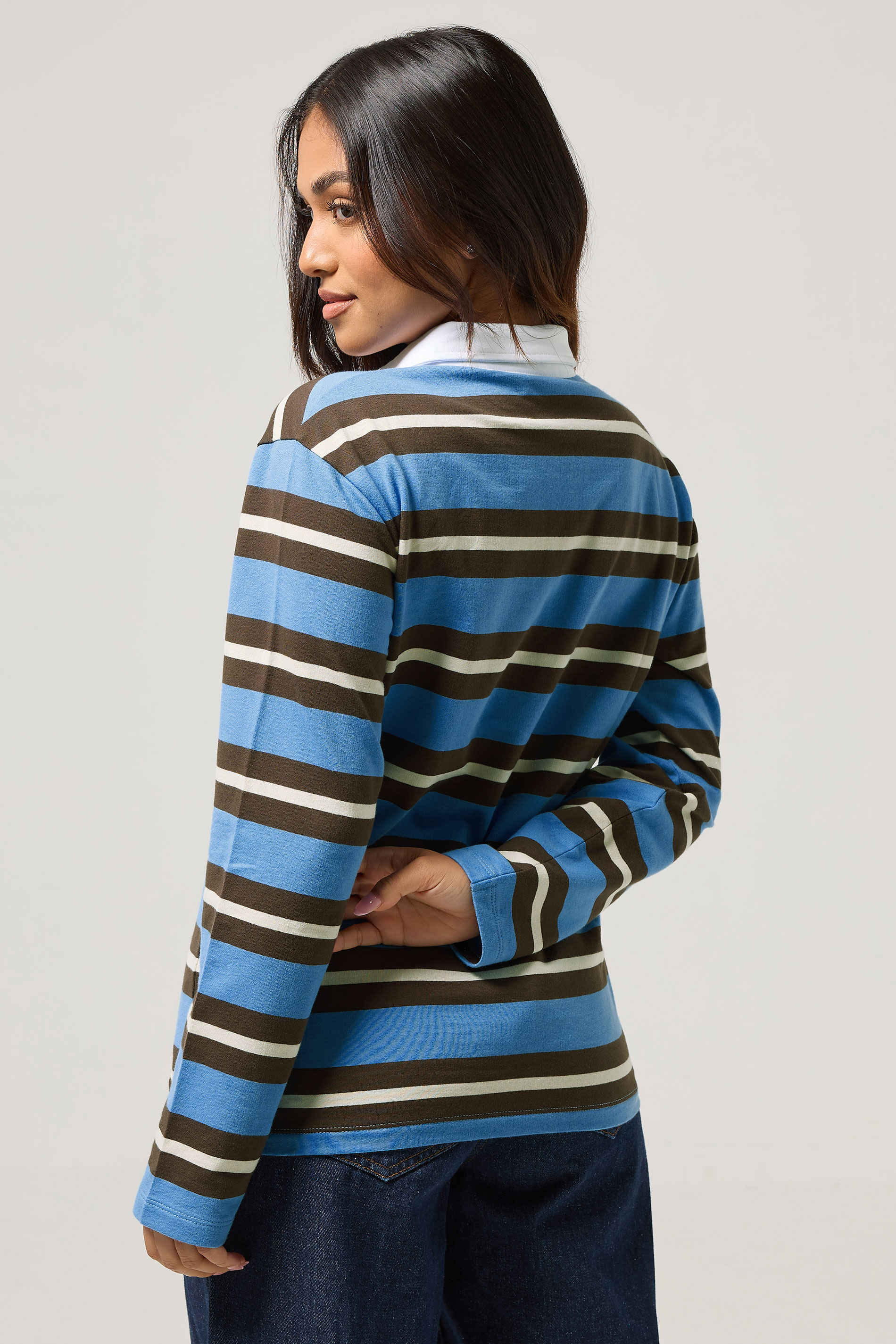 PixieGirl Petite Women's Brown & Blue Striped Rugby T-Shirt | PixieGirl 3