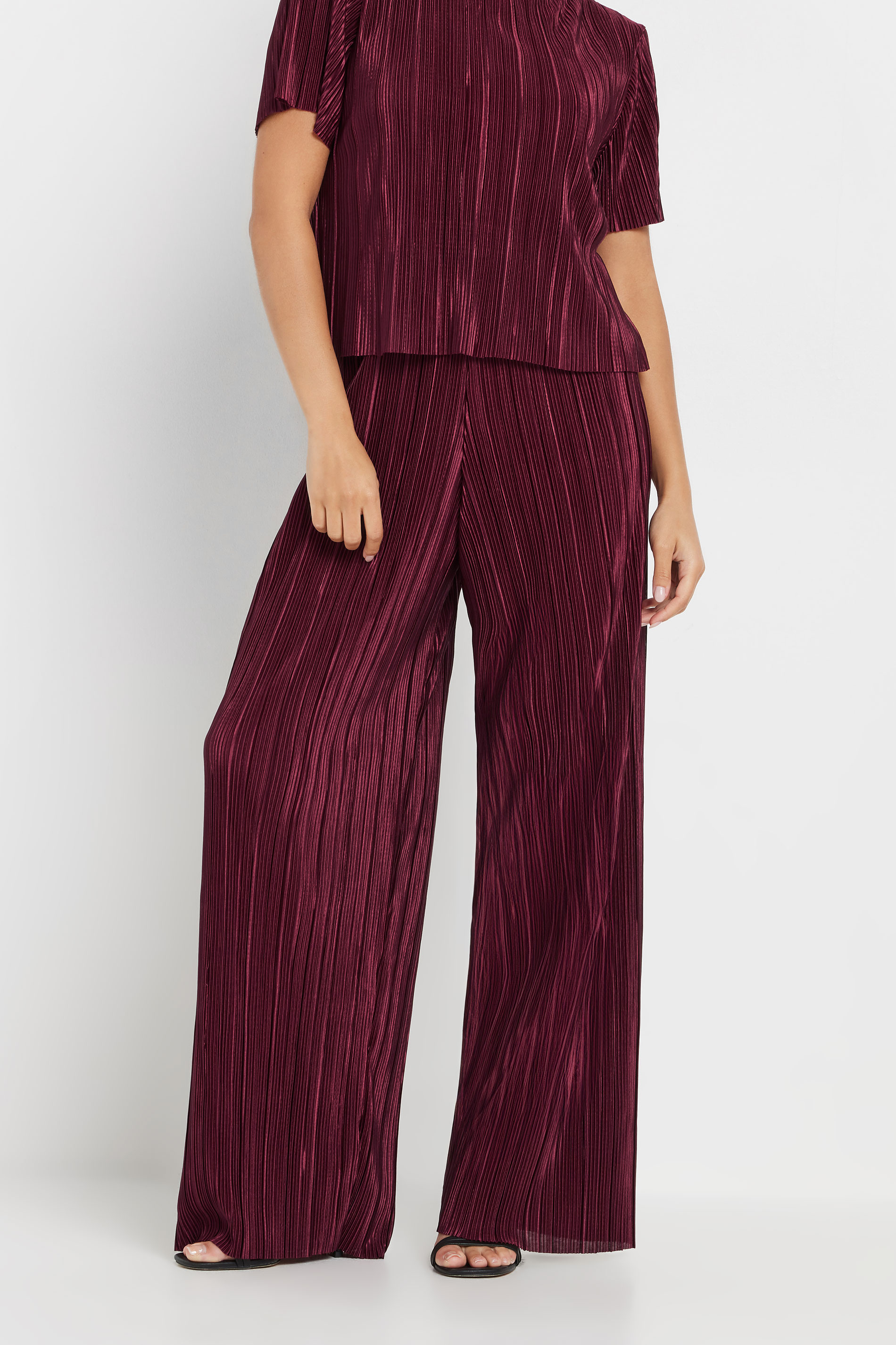 PixieGirl Petite Women's Burgundy Red Plisse Wide Leg Trousers | PixieGirl 2