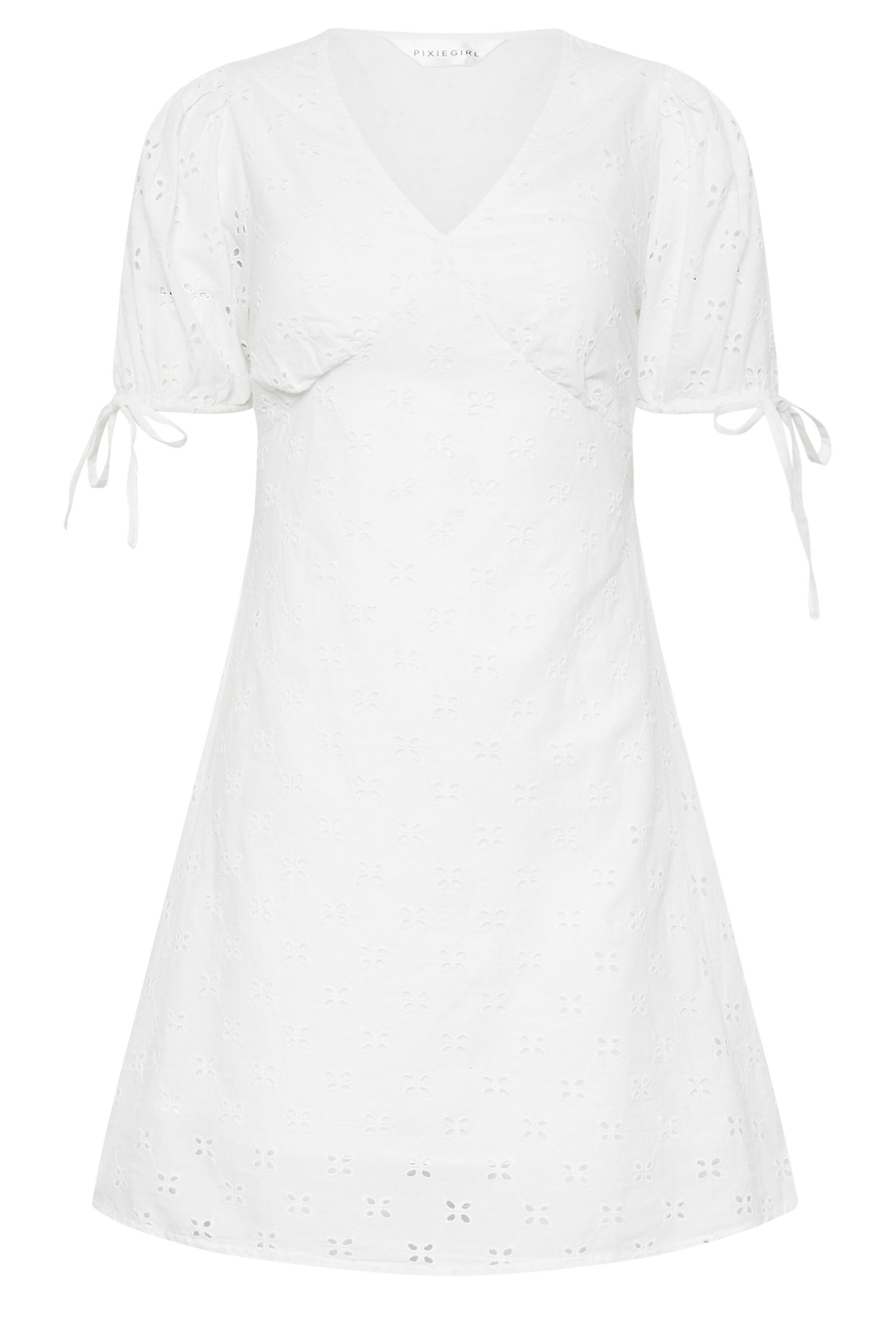 PixieGirl Petite Women's White Tie Sleeve Broderie Mini Dress | PixieGirl 5
