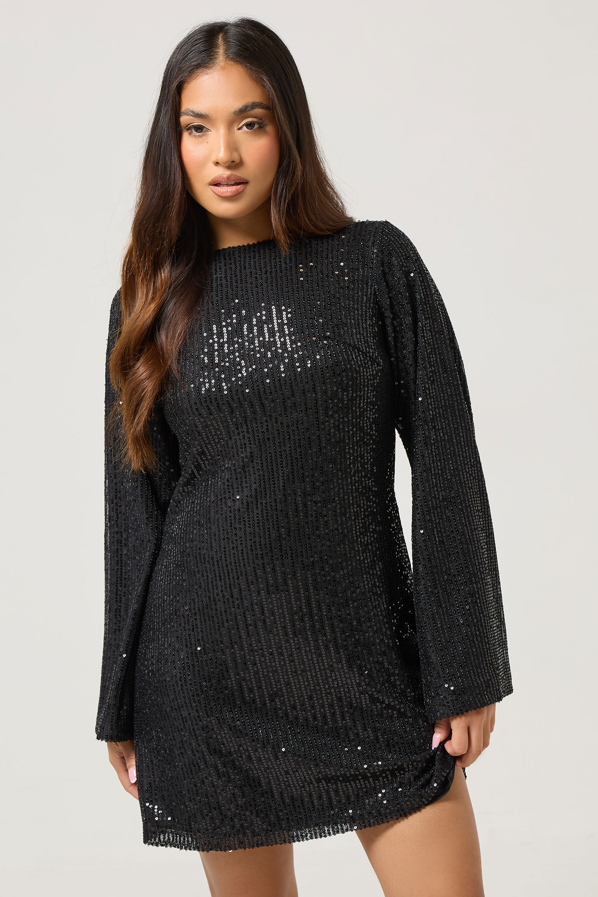 PixieGirl Petite Women's Black Sequin Velvet Bow Midi Dress | PixieGirl 4