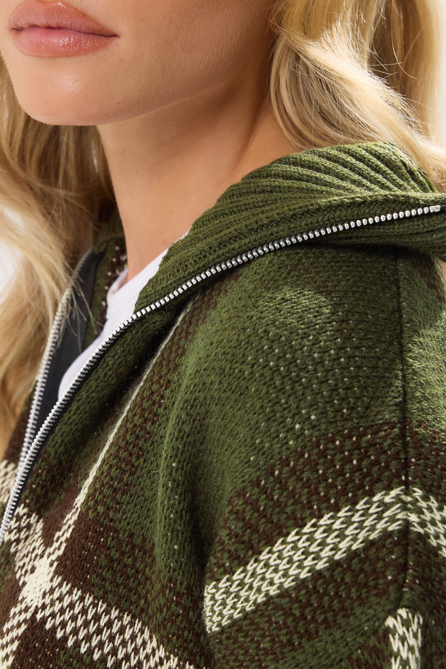 PixieGirl Petite Women's Green Knitted Check Zip Cardigan | PixieGirl 4