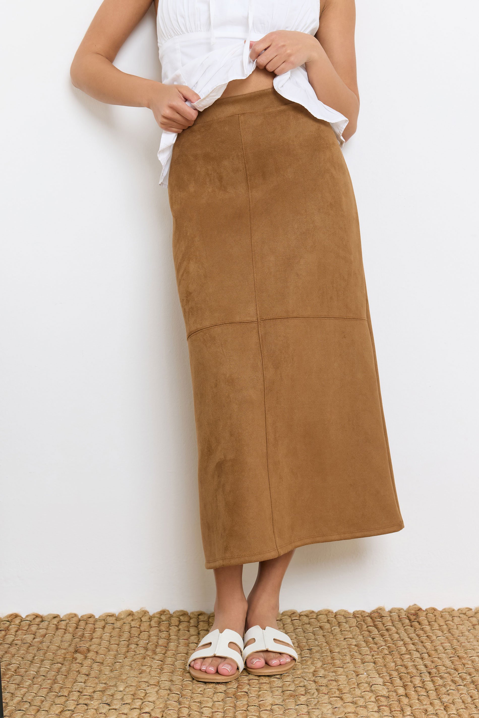 PixieGirl Petite Women's Camel Brown Suedette Midi Skirt | PixieGirl 1