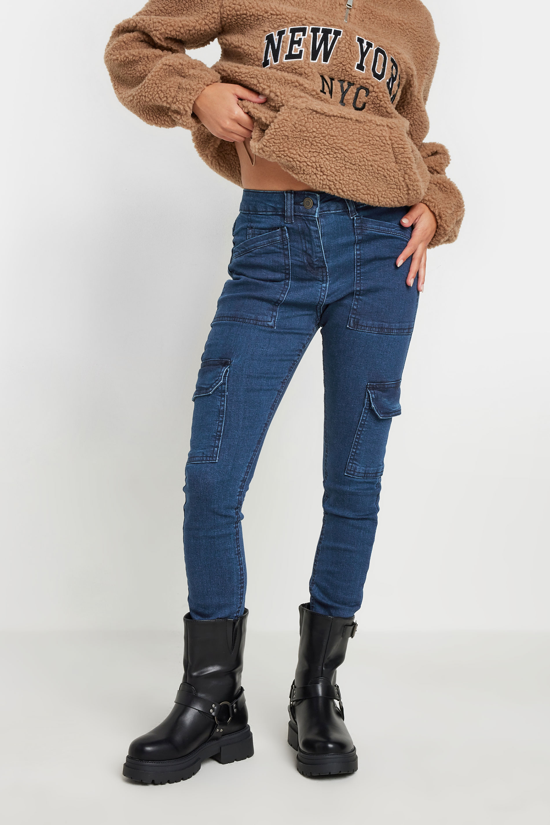PixieGirl Petite Womens Blue Pocket Detail Cargo Skinny Jeans | PixieGirl 2