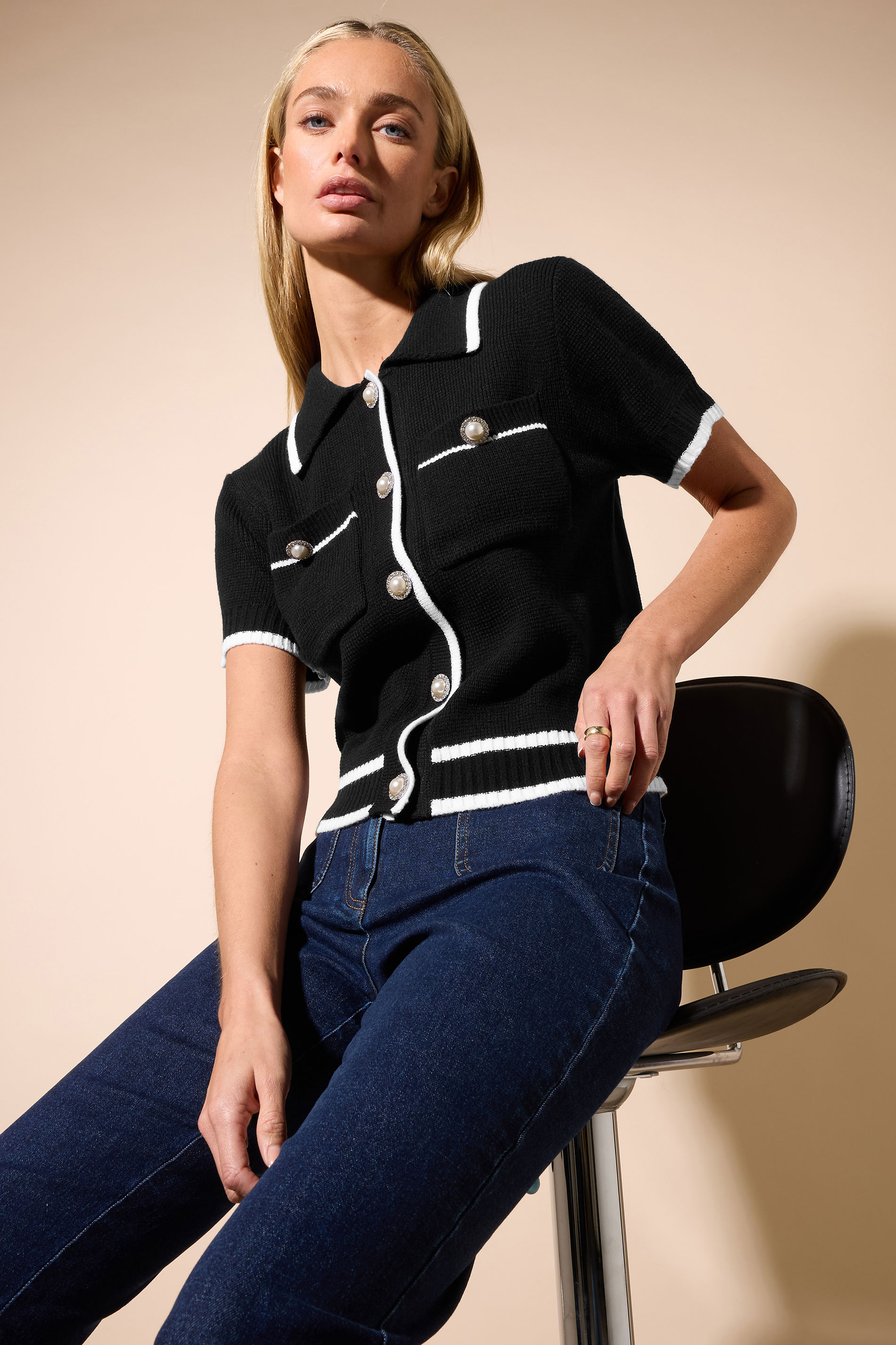 STAR Black Knitted Contrast Pearl Button Cardigan | StarByJM 3