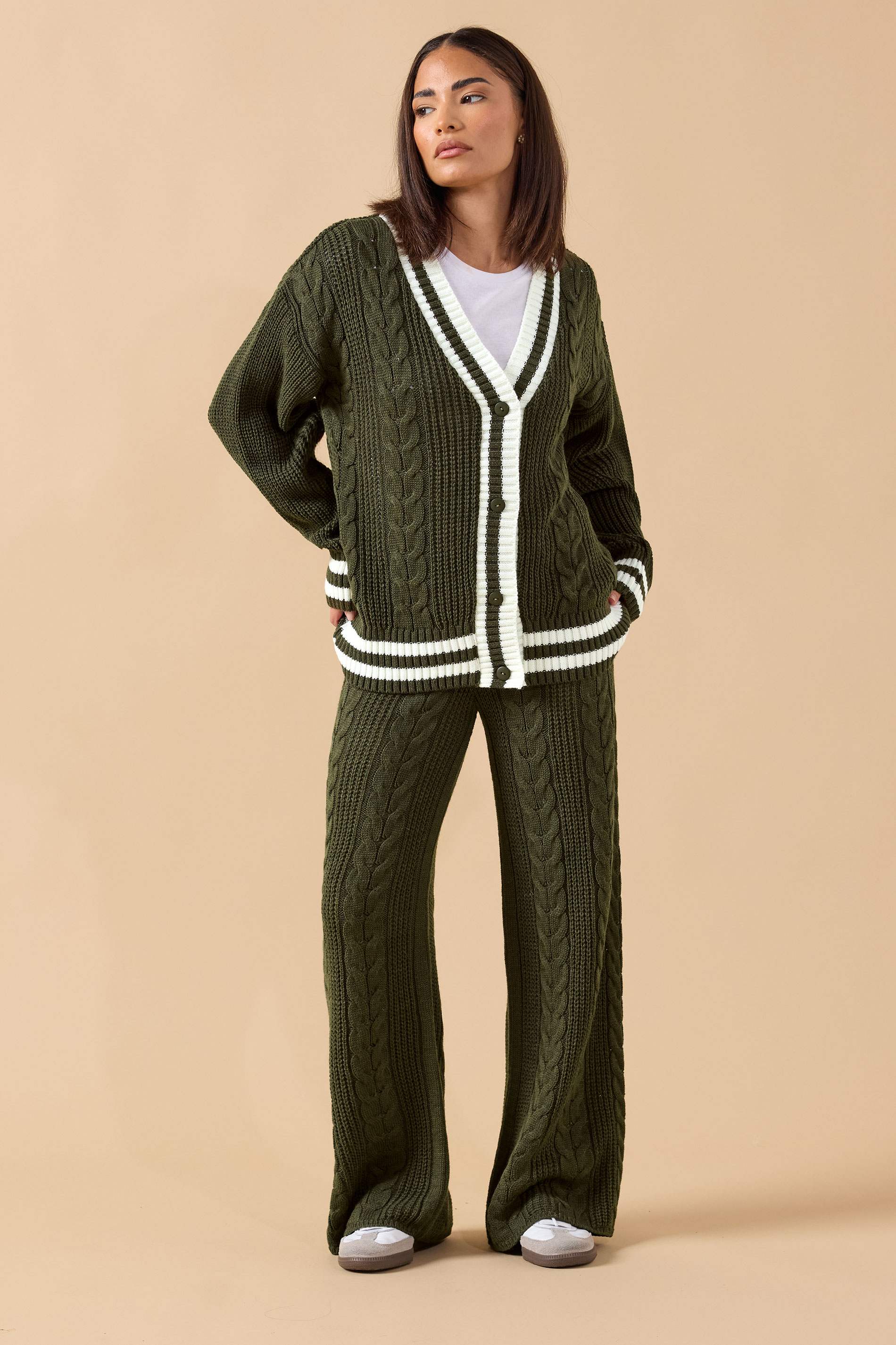PixieGirl Petite Women's Khaki Green Contrast Cable Knit Cardigan | PixieGirl 2