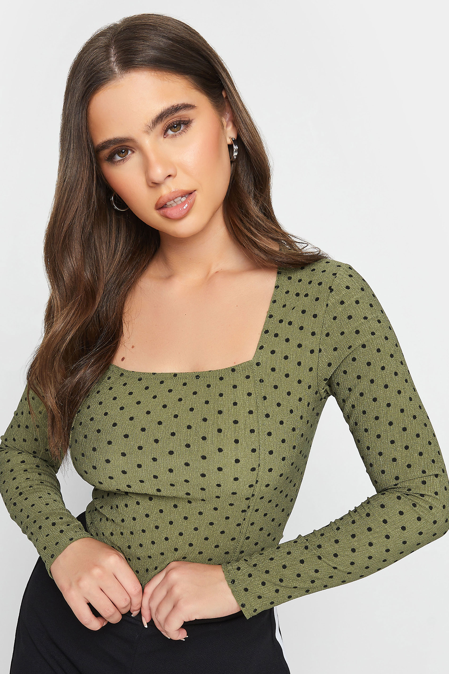 PixieGirl 2 PACK Black & Khaki Green Spot Print Square Neck Tops | PixieGirl 7