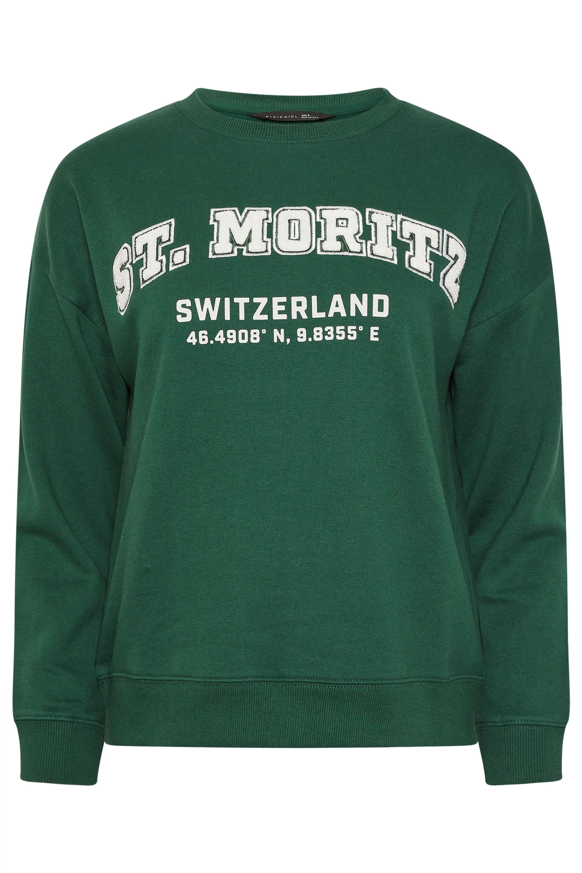 PixieGirl Petite Women's Green St Moritz Slogan Sweatshirt | PixieGirl 7