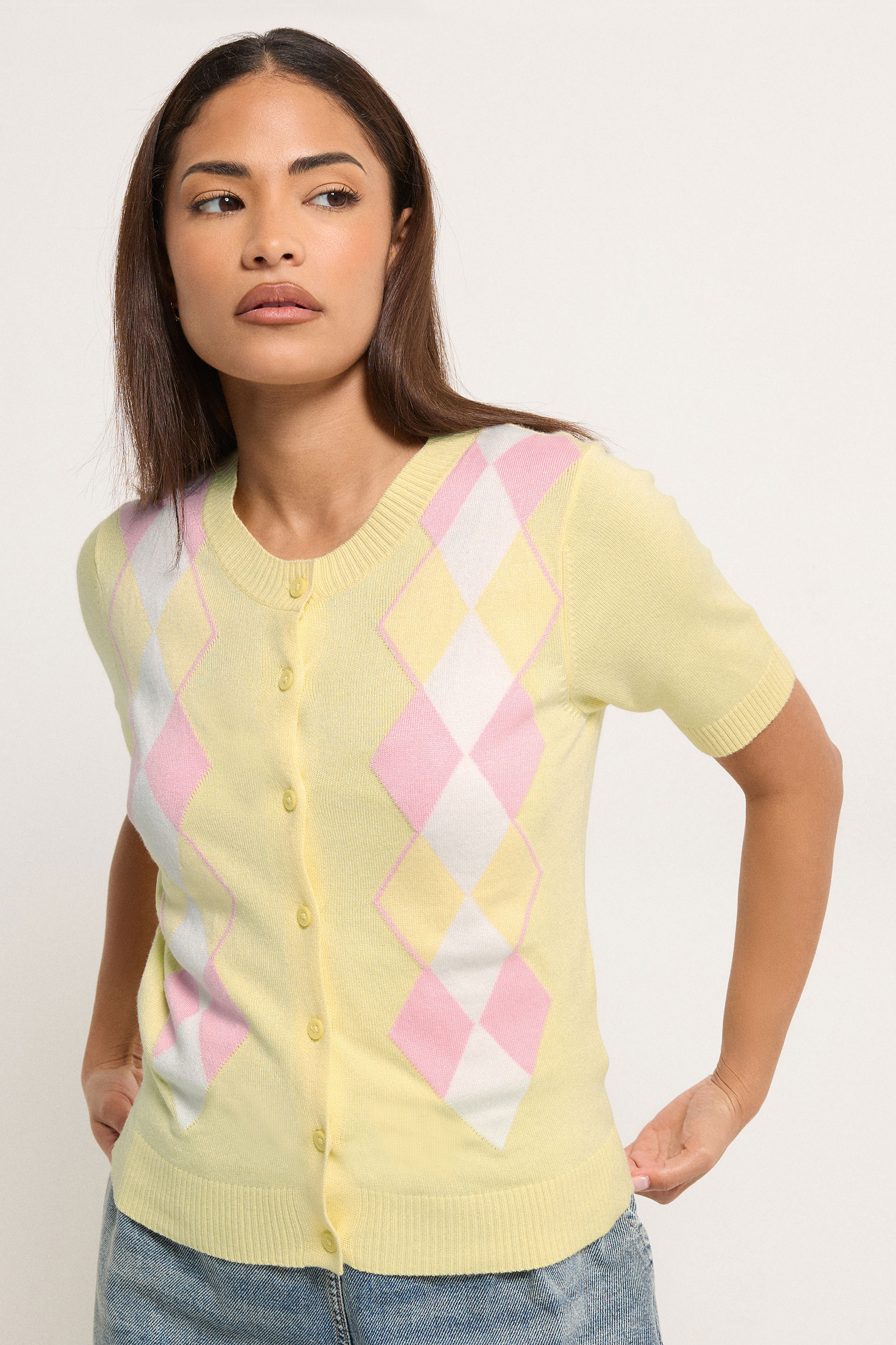 Pixiegirl Women's Yellow Petite Lemon Argyle Cardigan Size 6-8