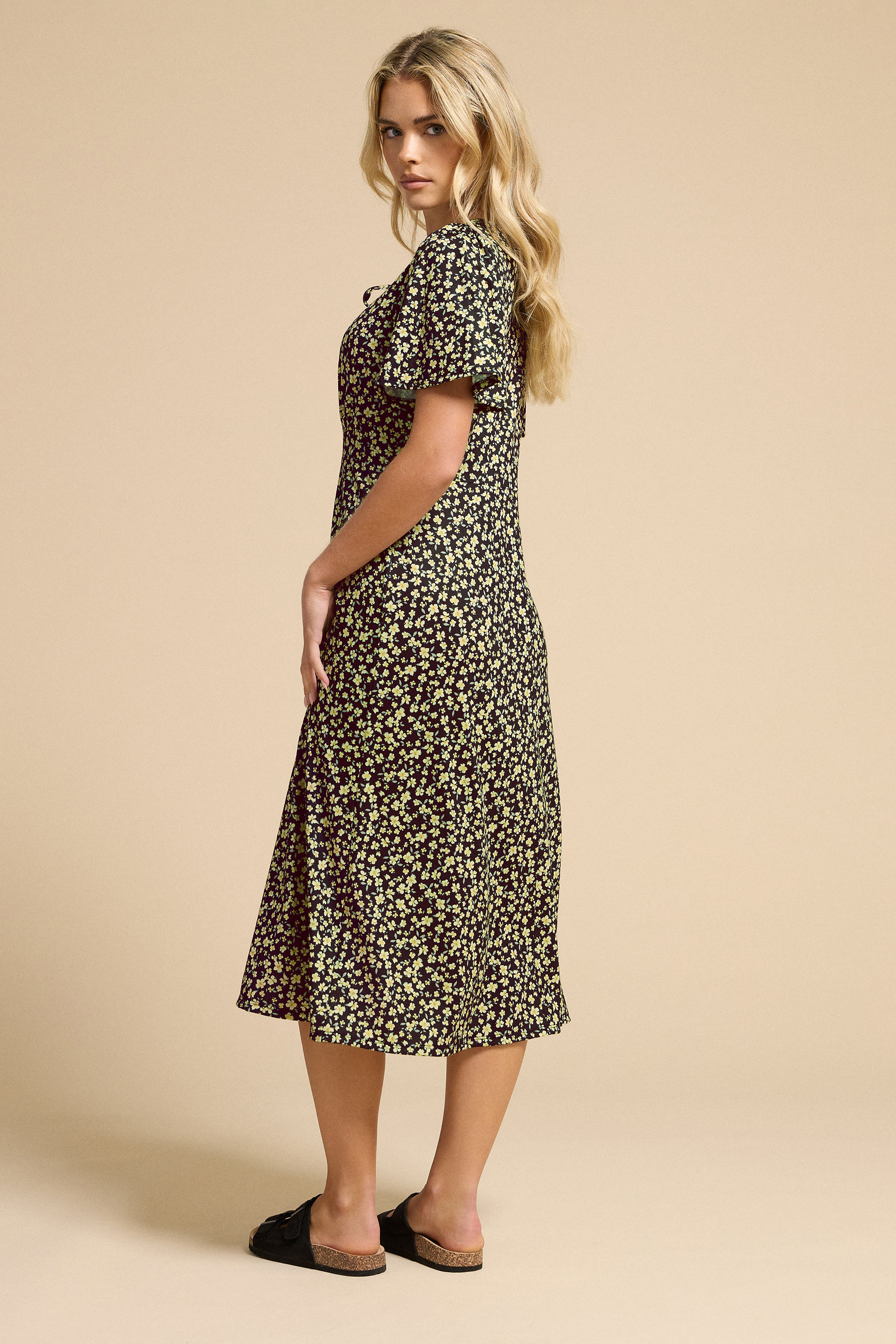 PixieGirl Petite Women's Black Ditsy Tie Neck Midi Dress | PixieGirl 3