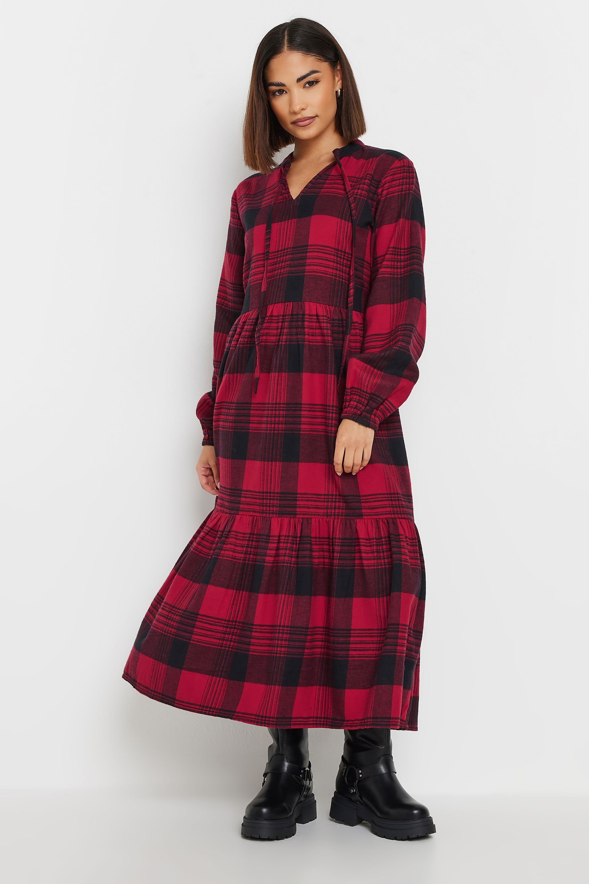 PixieGirl Petite Women's Burgundy Red Check Tiered Midaxi Dress | PixieGirl 2