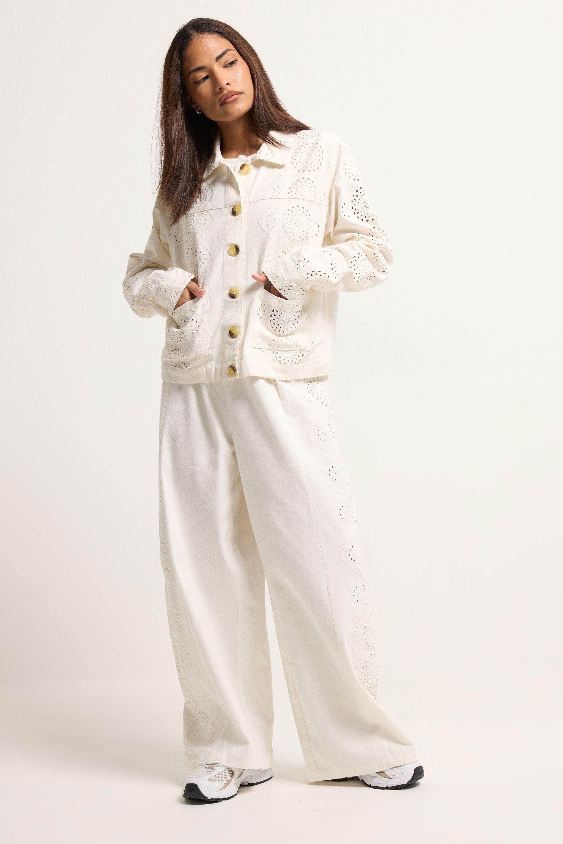 PixieGirl Petite Women's White Embroidered Cotton Wide Leg Trousers | PixieGirl 3