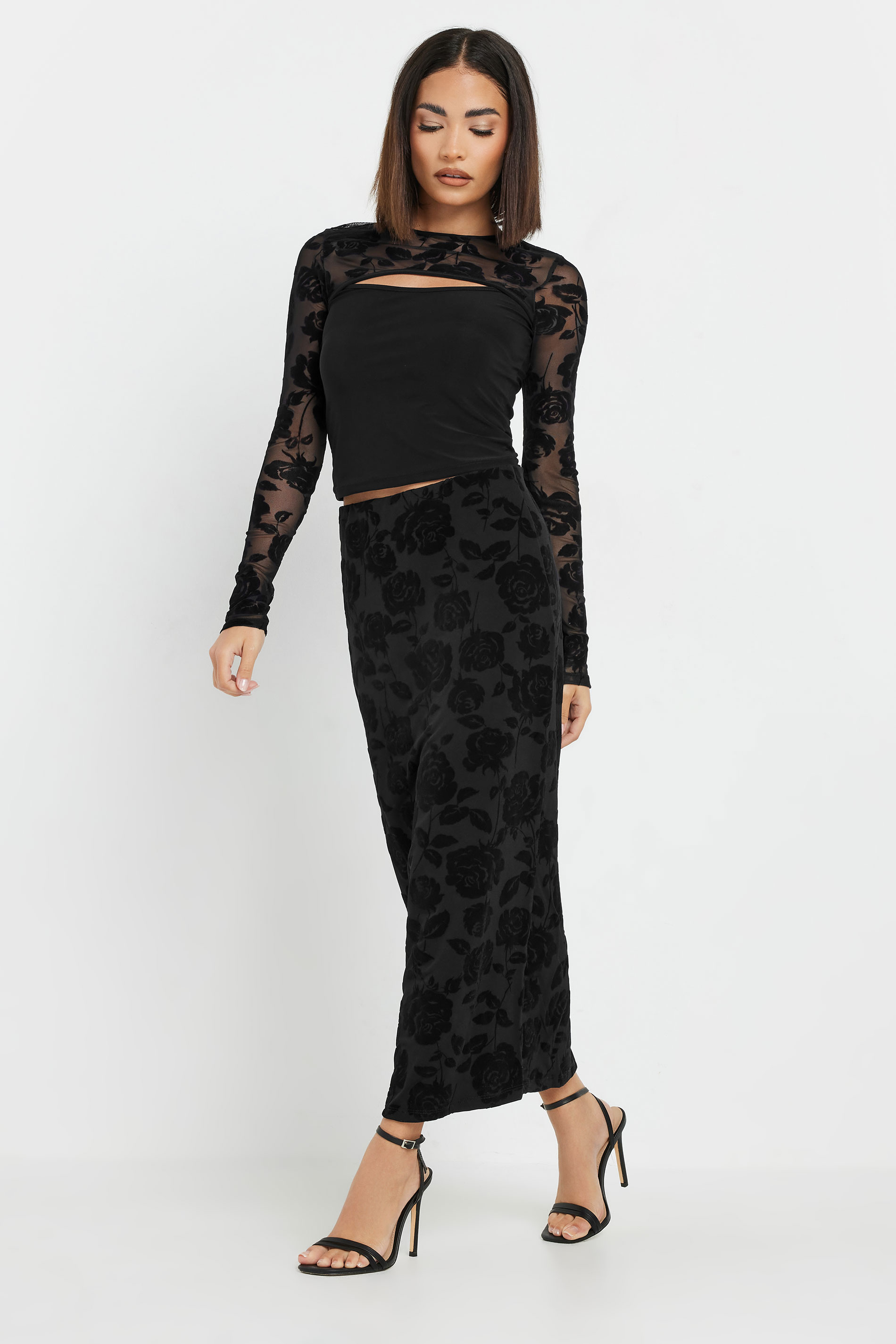 PixieGirl Petite Women's Black Velvet Rose Detailed Skirt | PixieGirl 1