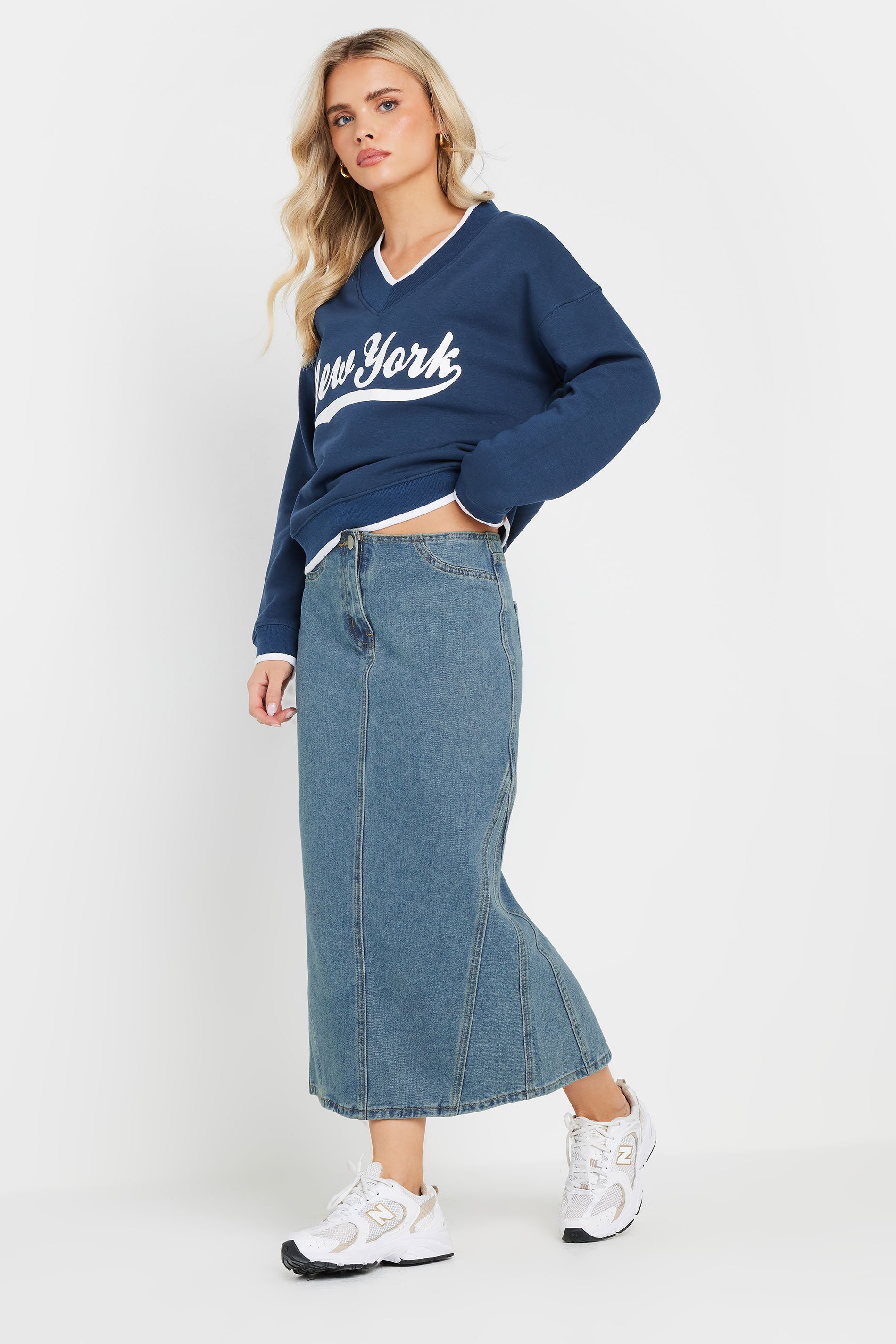 PixieGirl Petite Women's Light Blue Denim Seam Midi Skirt | PixieGirl 2