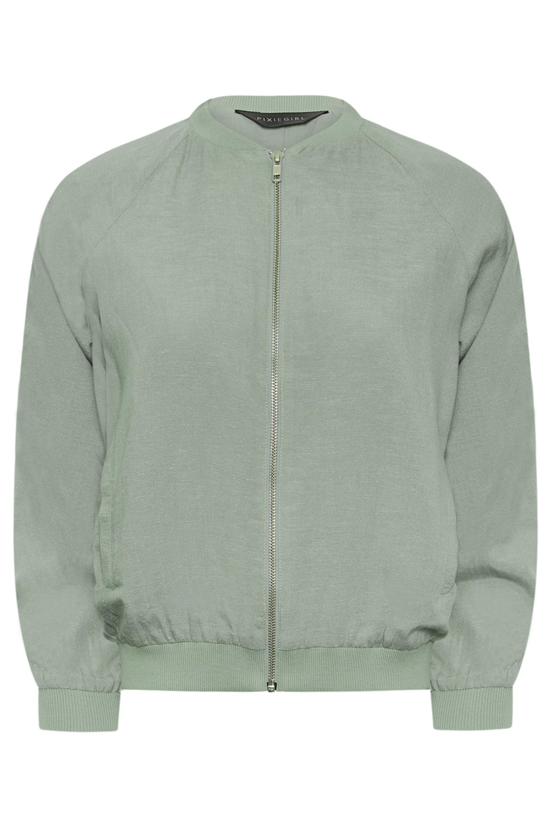 PixieGirl Petite Womens Sage Green Linen Bomber Jacket | PixieGirl 6