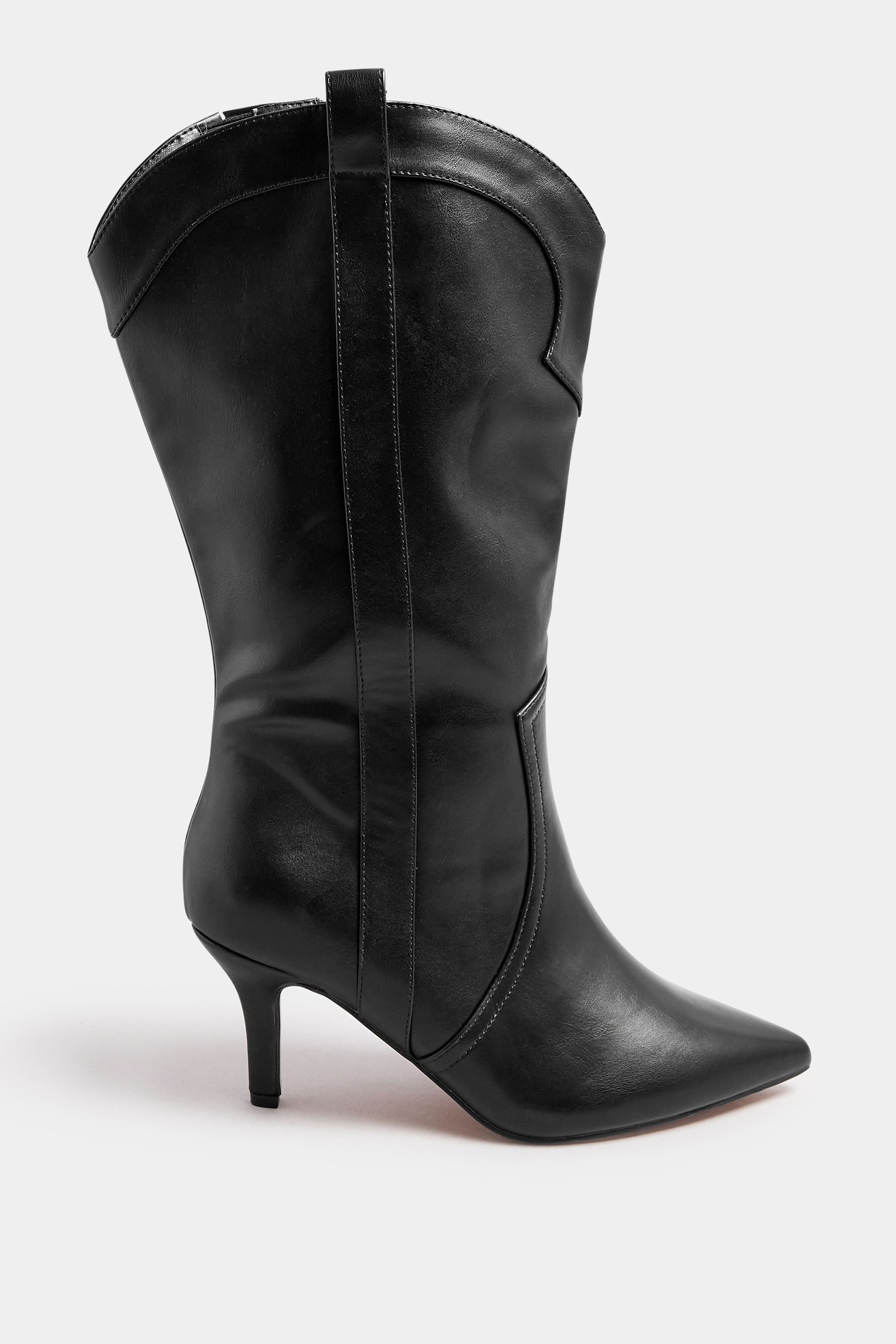 Black Faux Leather Heeled Cowboy Boots In Extra Wide EEE Fit | Yours Clothing  3