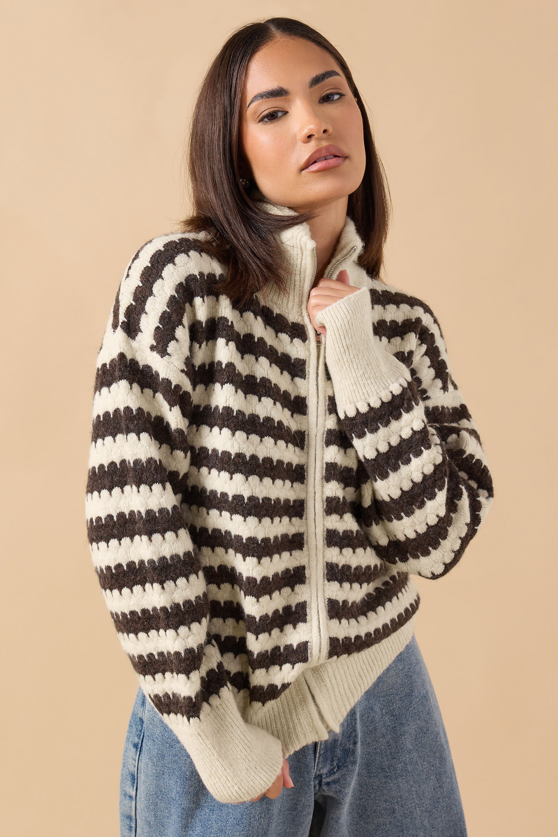 PixieGirl Petite Women's Brown Knitted Scalloped Zip Cardigan | PixieGirl 1