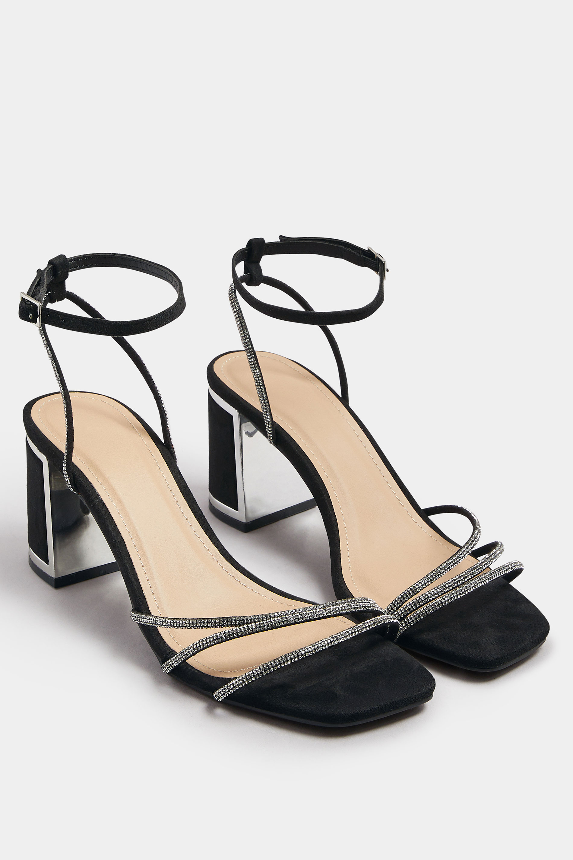 Silver Asymmetric Diamante Block Heel Sandals In Standard Fit | Yours Clothing 2