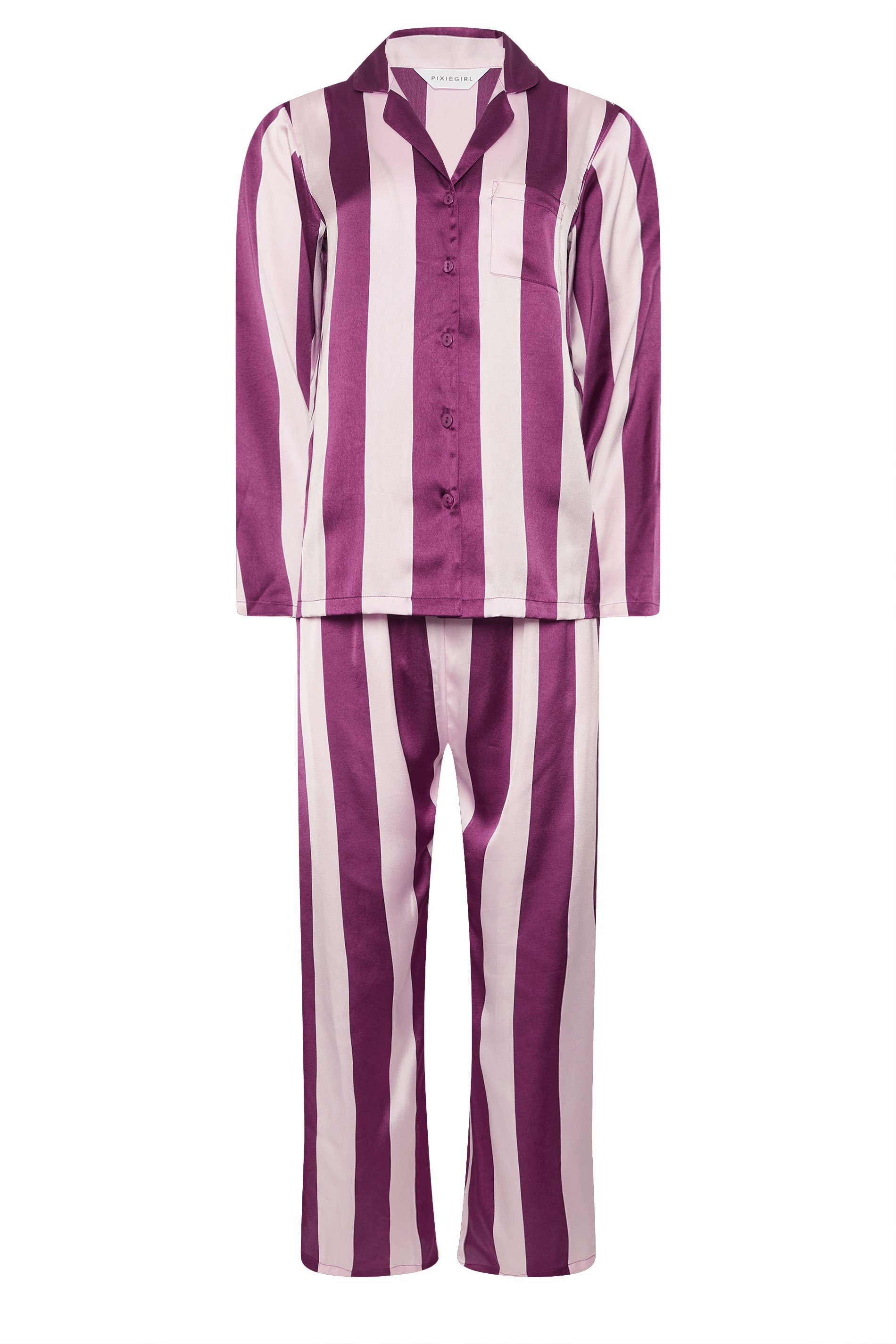 PixieGirl Petite Women's Pink & Purple Stripe Satin Button Pyjama Set | PixieGirl 5