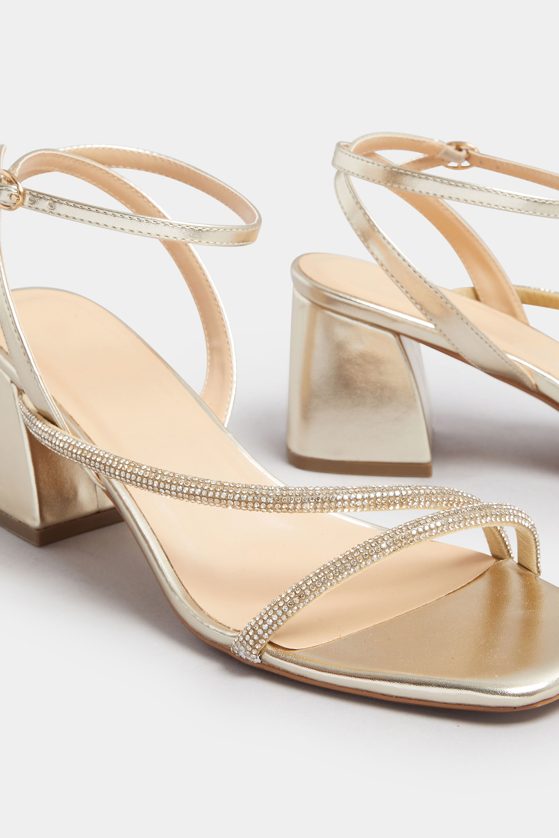 Gold Diamante Block Heel Sandals In Extra Wide EEE Fit | Yours Clothing 6