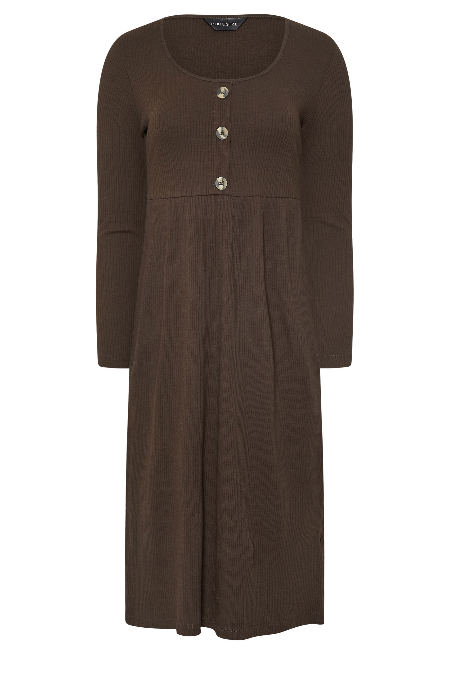 PixieGirl Petite Women's Chocolate Brown Ribbed Button Midaxi Dress | PixieGirl 5
