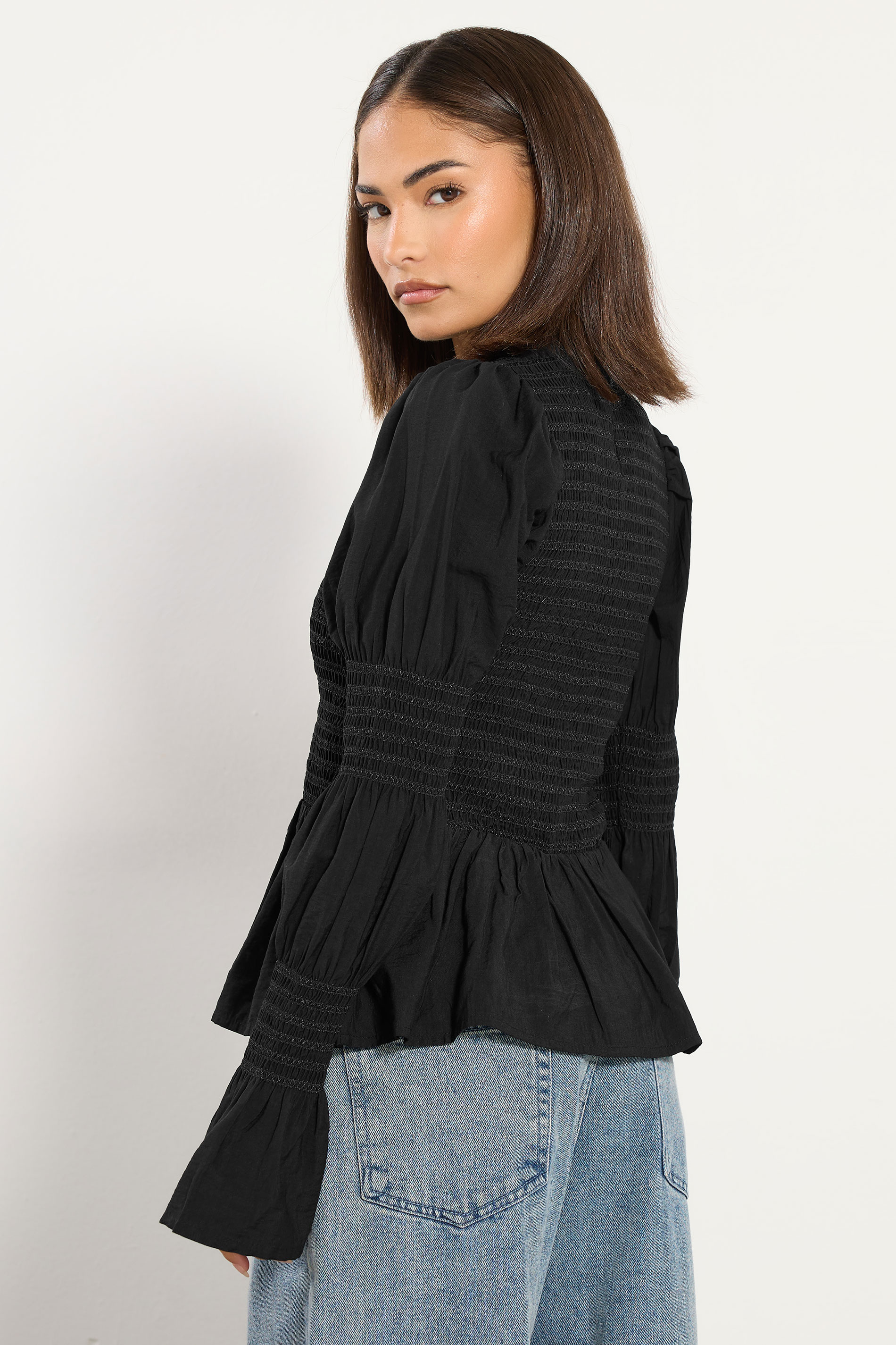 PixieGirl Petite Women's Black Shirred Peplum Smock Top | PixieGirl 3