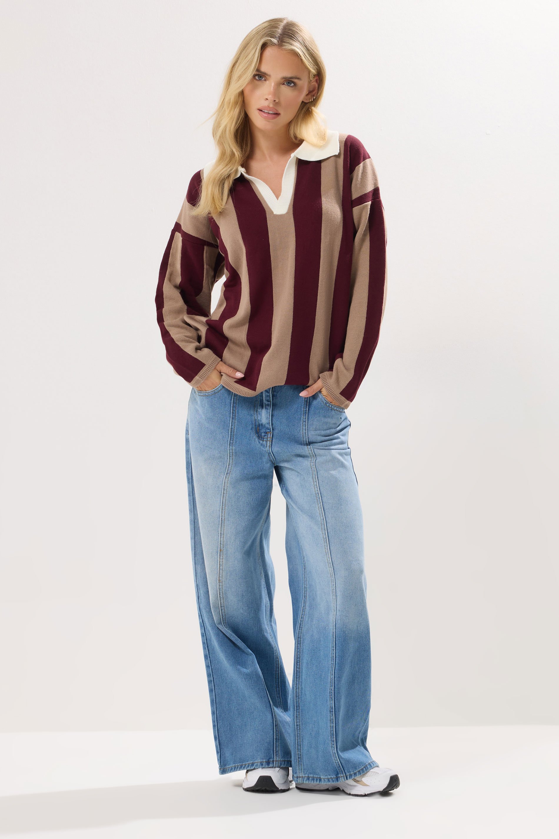 PixieGirl Petite Women's Dark Red Knitted Stripe Collar Jumper | PixieGirl 2