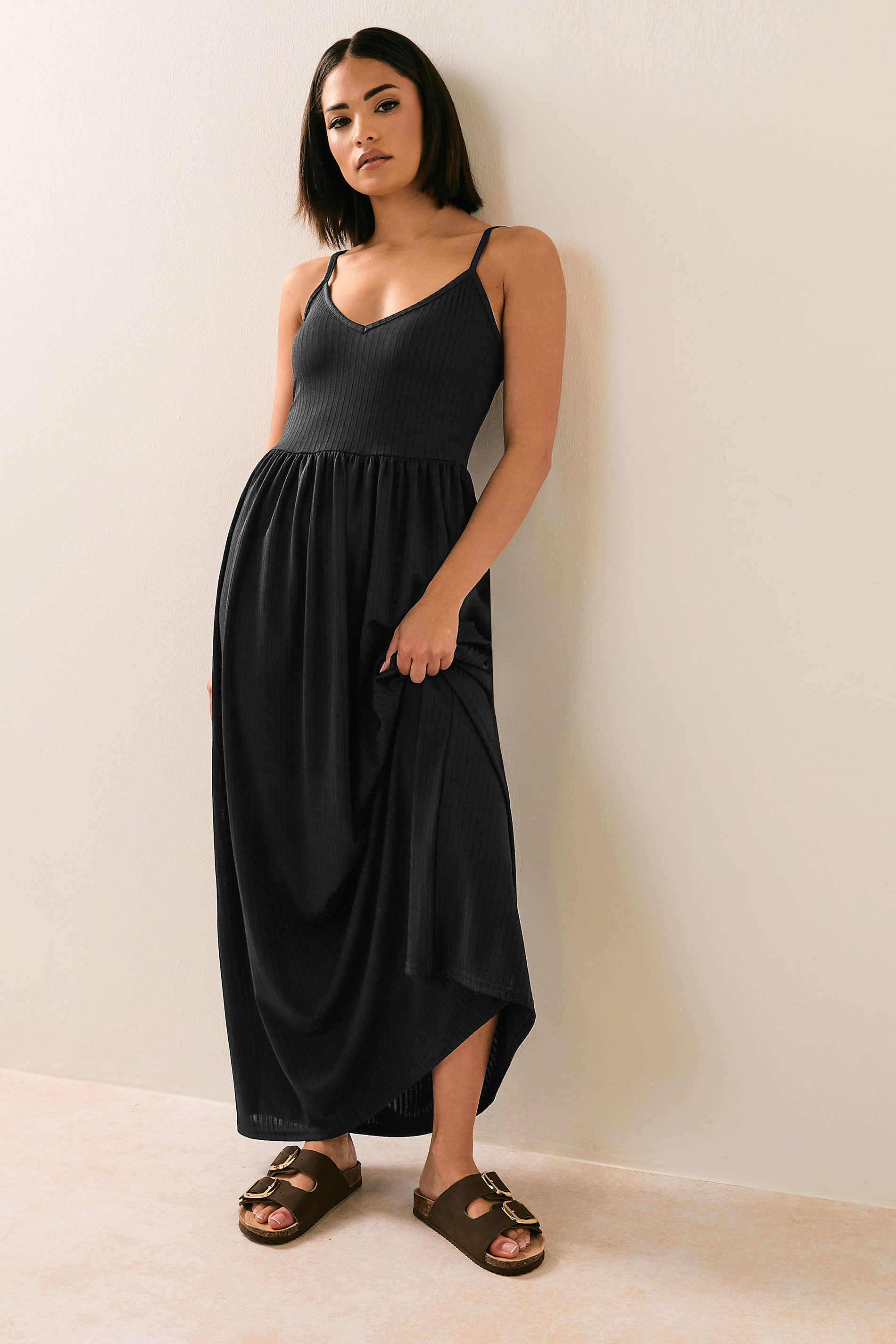 PixieGirl Petite Women's Black Ribbed Strappy Maxi Dress | PixieGirl 1