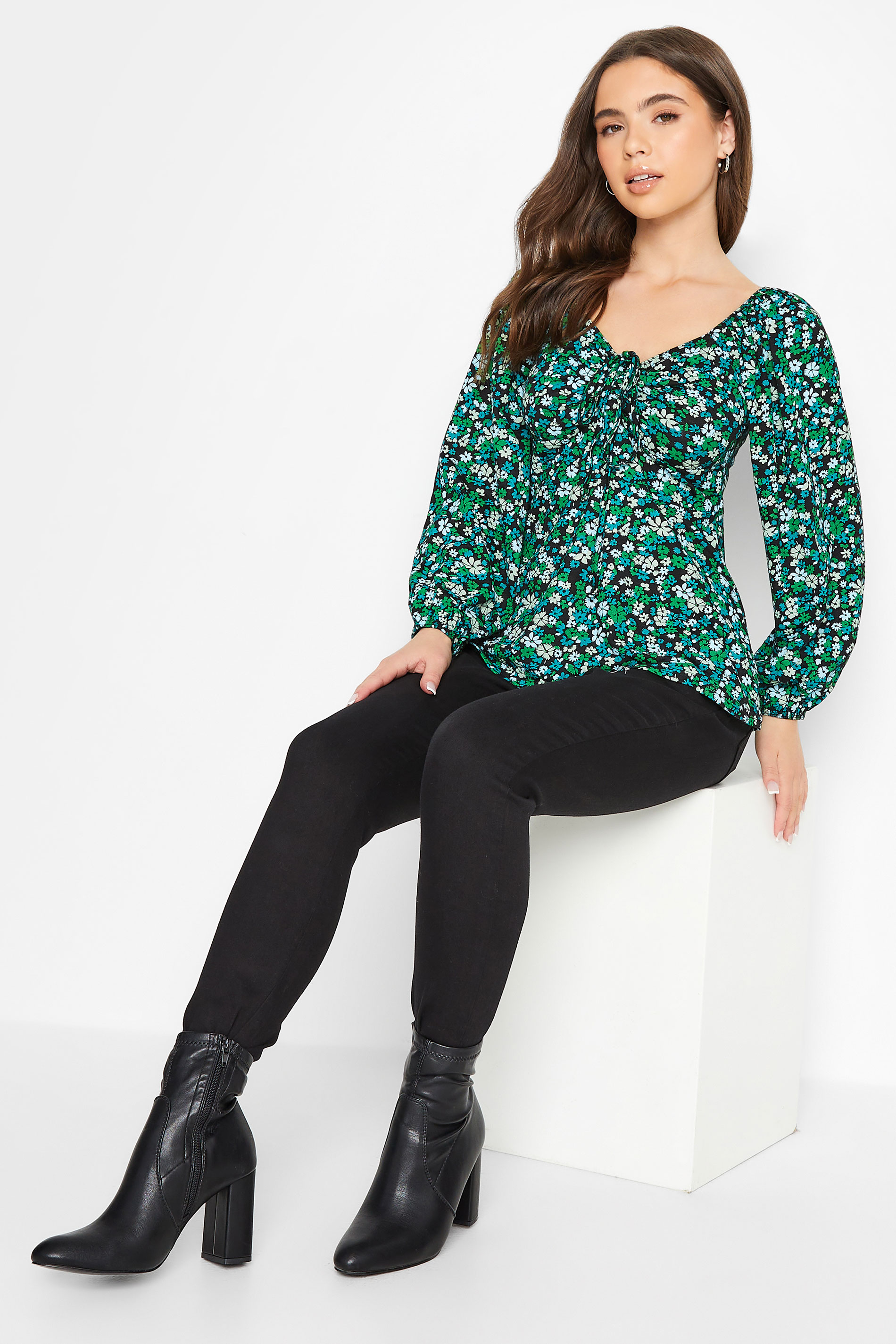 Petite Green Ditsy Print Ruched Front Top | PixieGirl 2