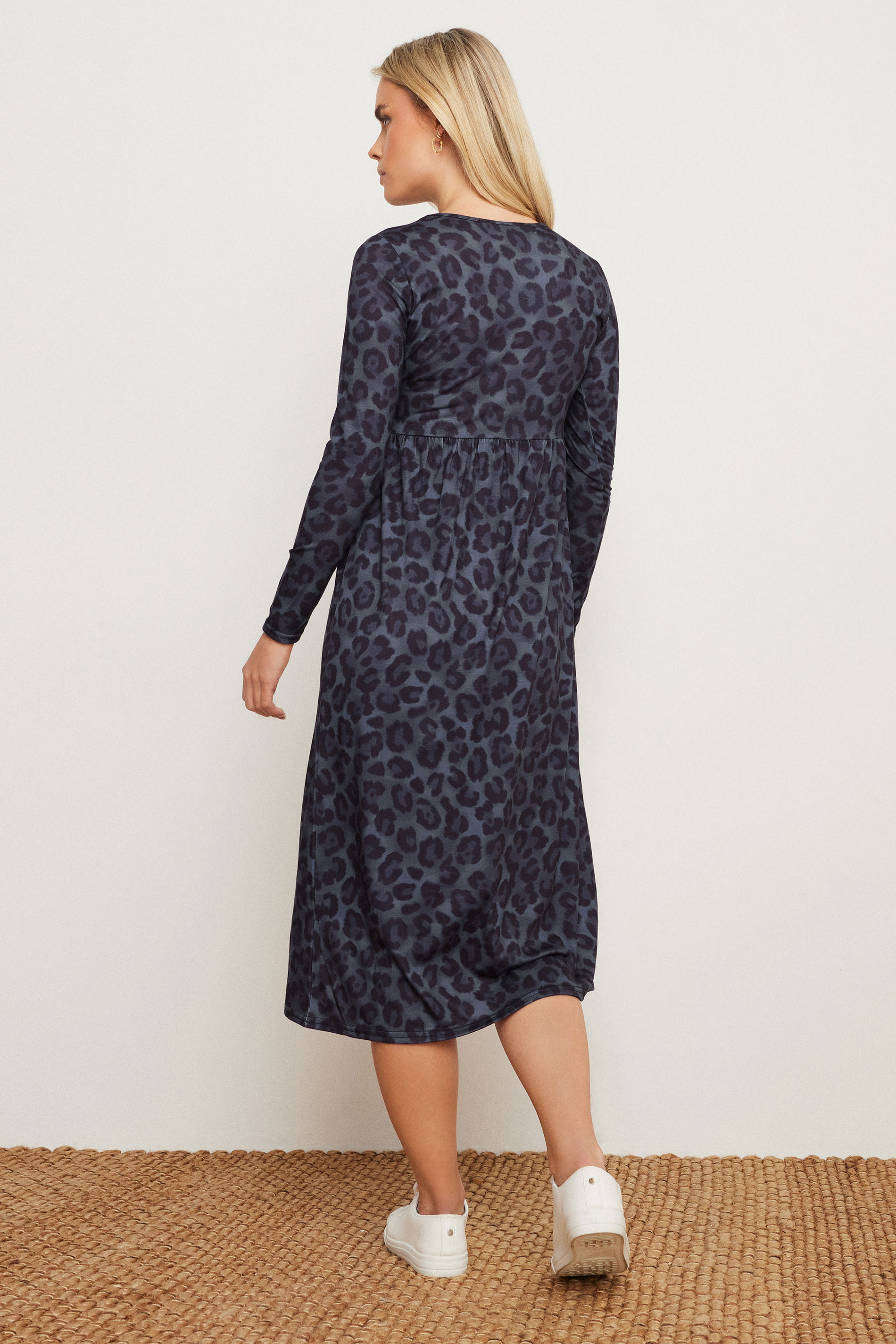 PixieGirl Petite Women's Navy Blue Leopard Print Smock Dress | PixieGirl 3